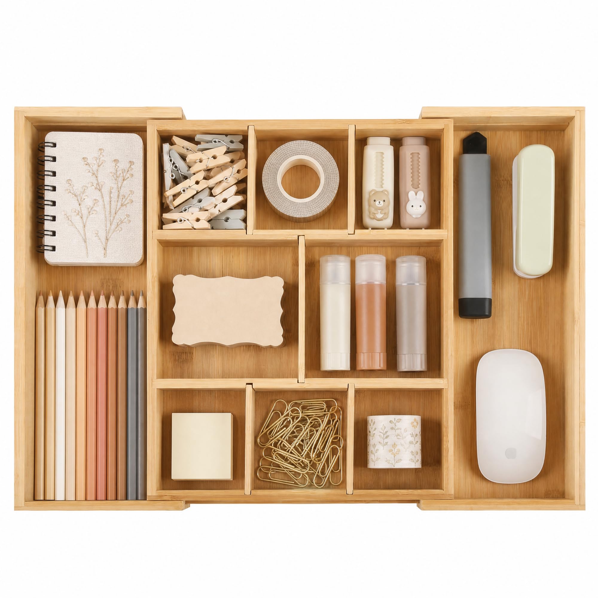 EHME EHME EHME Expandable Bamboo Drawer Organizer, 10 Adjustable Compartment Desk Storage Tray with 5 Dividers Drawers for Office Supplies, Makeup, Jewelry & Cosmetics Organization