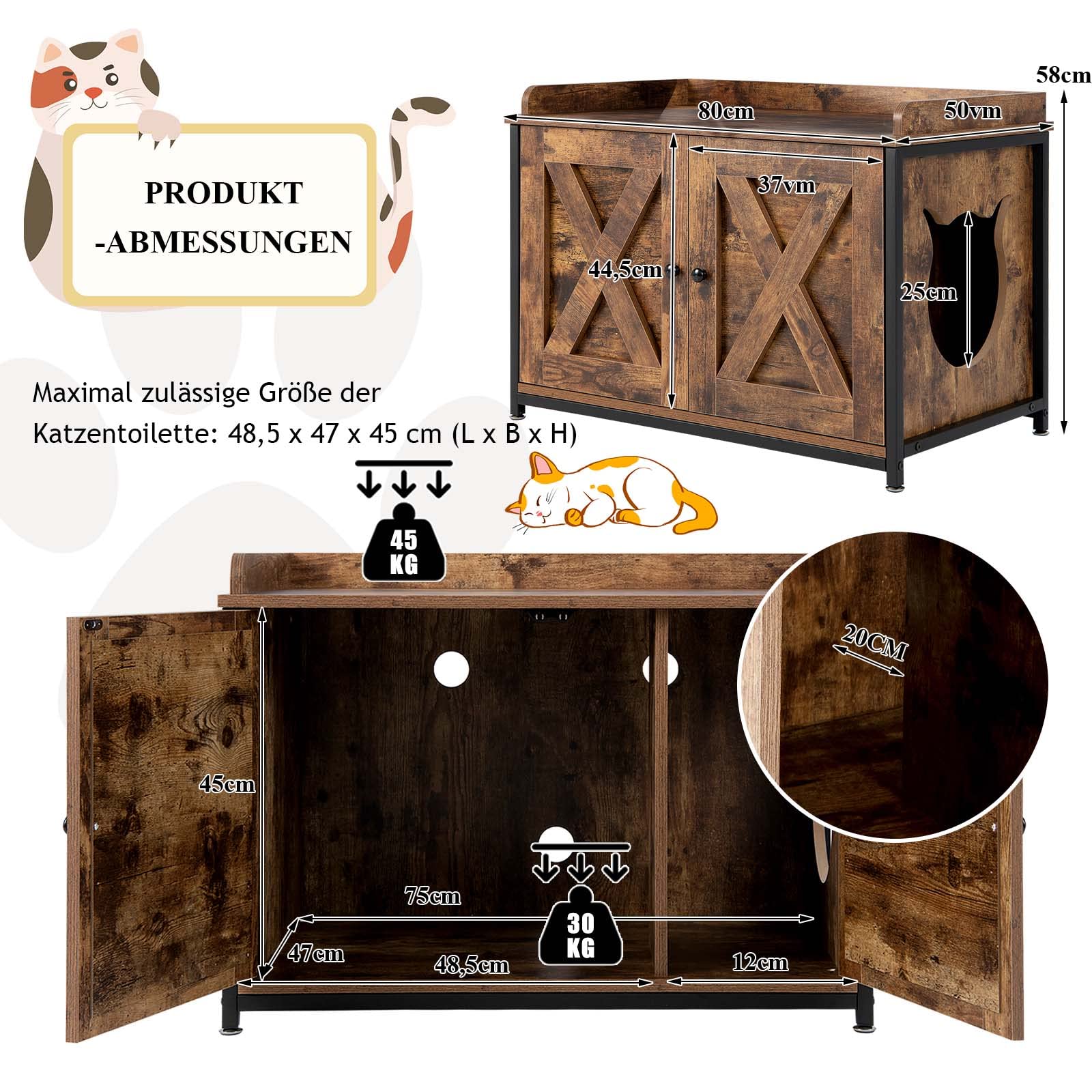 COSTWAY Katzenschrank Katzentoilette, Katzenhaus mit 2 Türen & Eingang, Katzenhöhle Katzenklo Schrank, für Katzen Hunde Haustier, Haustierbox Haustierkiste, Beistelltisch Katzenmöbel, Vintage Braun