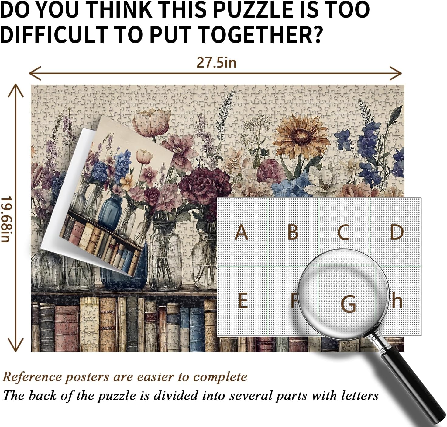 Retro Wildflowers Puzzles for Adults 1000 Pieces, PICKFORU Christian Jesus Floral Book Pages Religious Jigsaw Puzzle, Impossible Challenging Vintage Bookshelf Puzzles as Art Decor