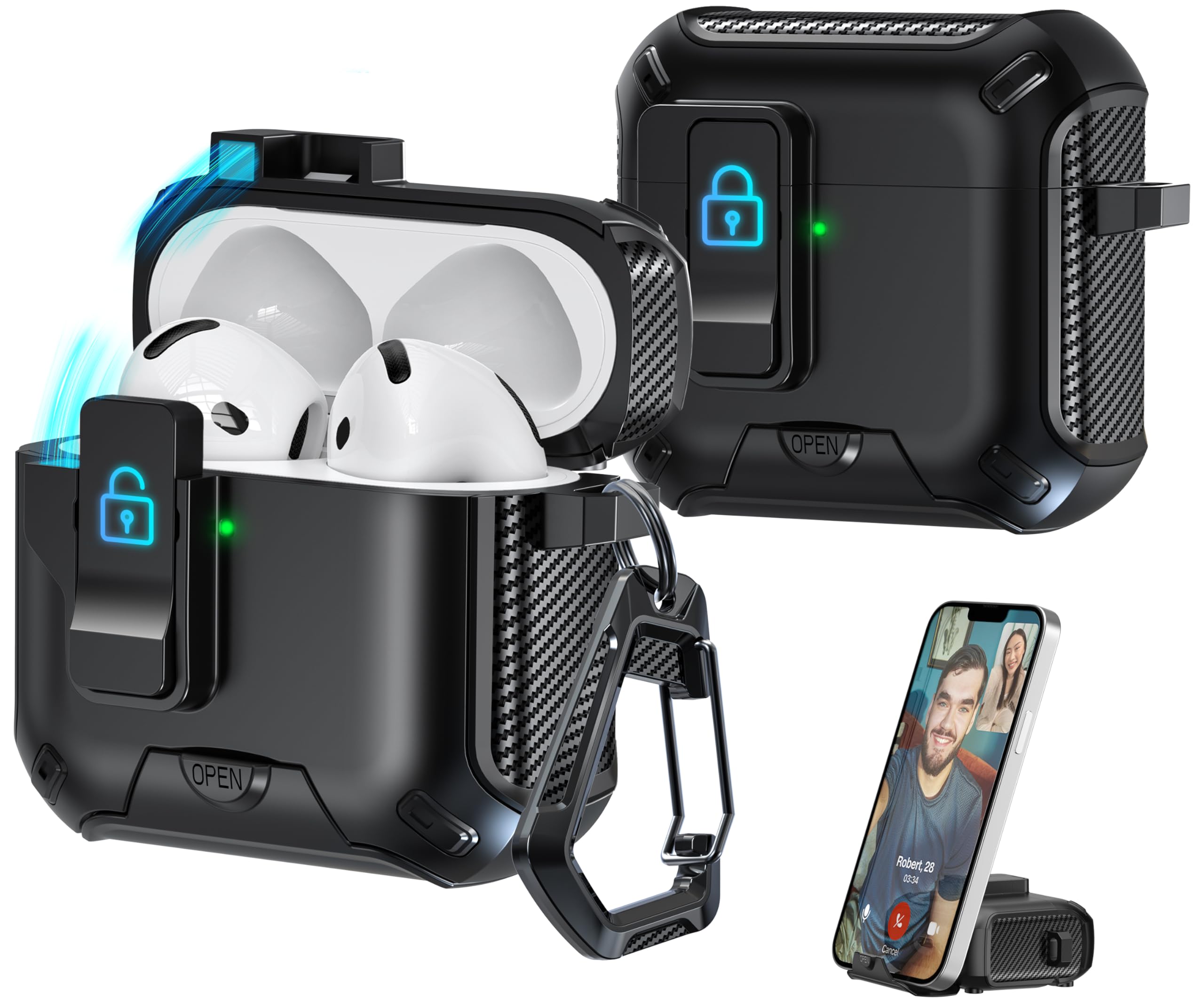 R-fun Compatible with AirPods 4th Generation 2024 Headphone Cases, Fully Drop Proof Auto Eject Protective Cover Design, New Charging Port Dust and Stand Design,Black