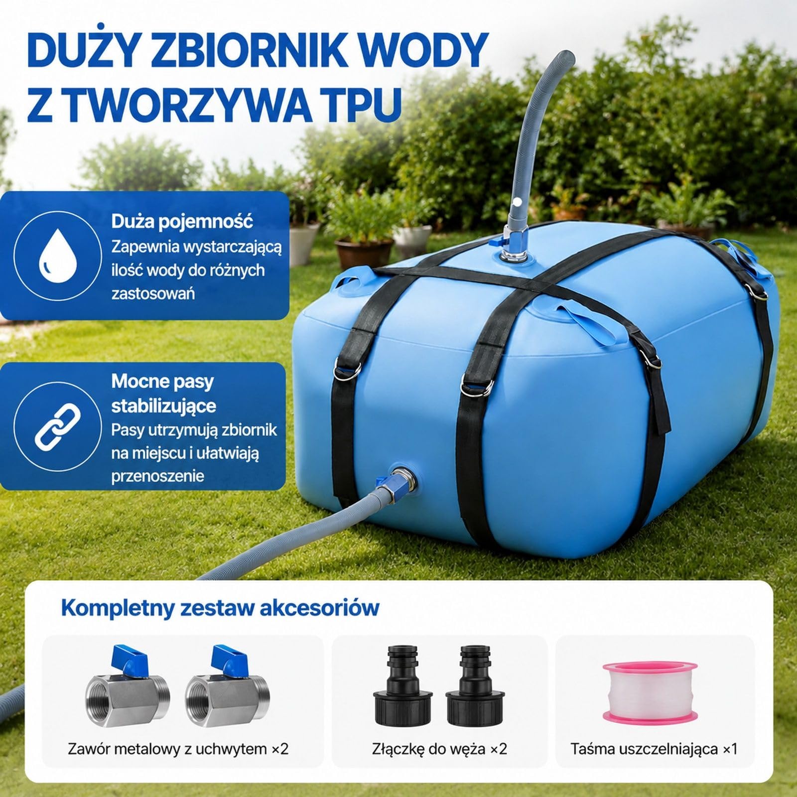 Worek do przechowywania wody 132 l / 35 gal, niebieski miękki worek TPU z nakrętką wlotu, pętlami mocującymi i akcesoriami do kampera, biwaku i nawadniania