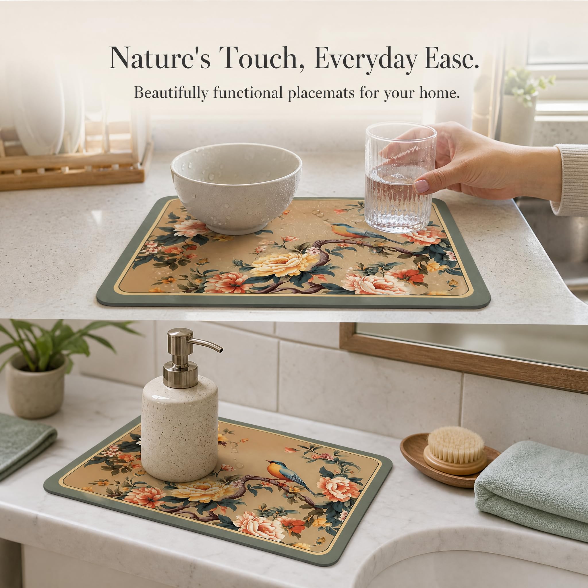 Tapis absorbant antidérapant cuisine , Fleurs & oiseaux-2 , 60x90cm