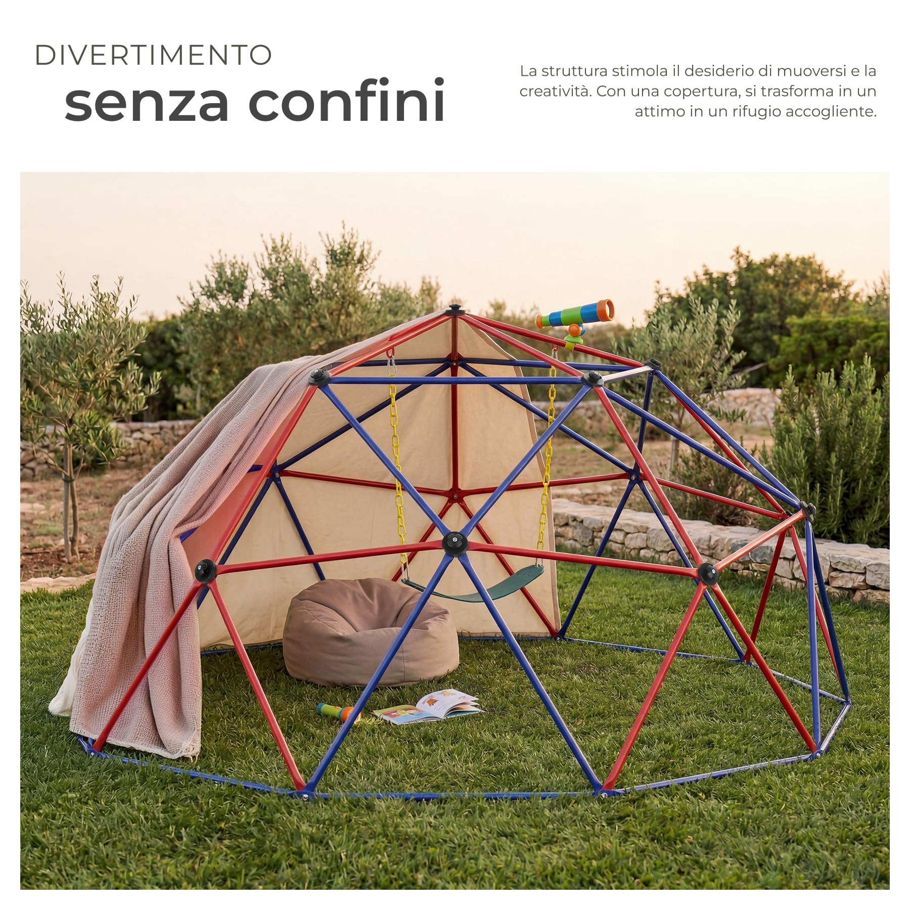 tectake® Cupola di Arrampicata Outdoor e Altalena ØxH 305x158 cm, Giochi da Giardino in Acciaio con Altalena, Giochi da Esterno e Interno Arrampicata per Bambini, Portata 200 kg, Giochi 3 Anni in su