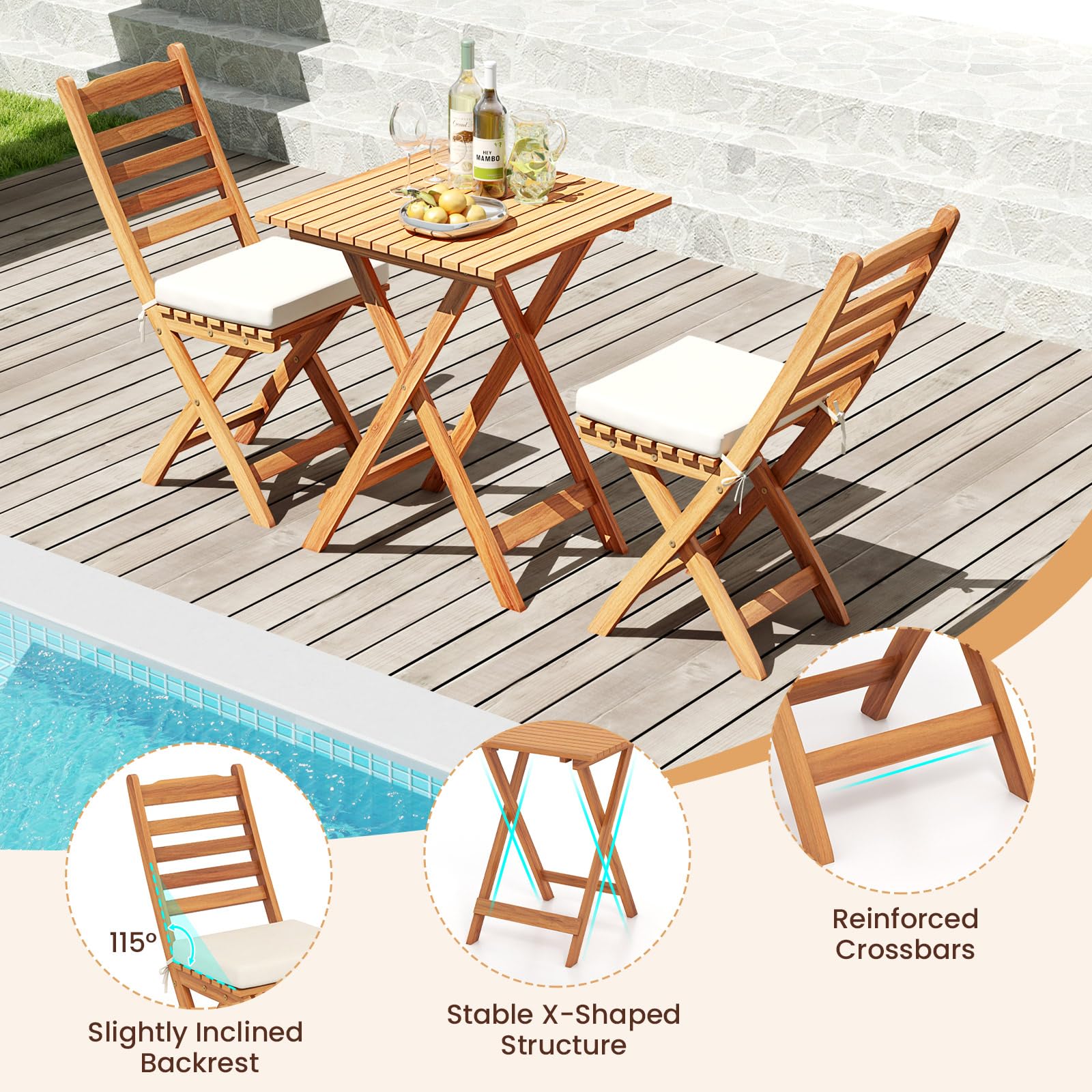 KOMFOTTEU Salon de Jardin en Bois d'Acacia 3 Pièces Pliable pour Balcon