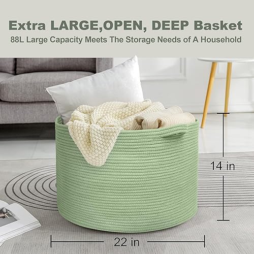 Miniatura 3 de Cesta verde extragrande, 22 x 22 x 14 pulgadas, cestas de cuerda de algodón tejida para mantas, cesta de lavandería de mimbre para guardería,
