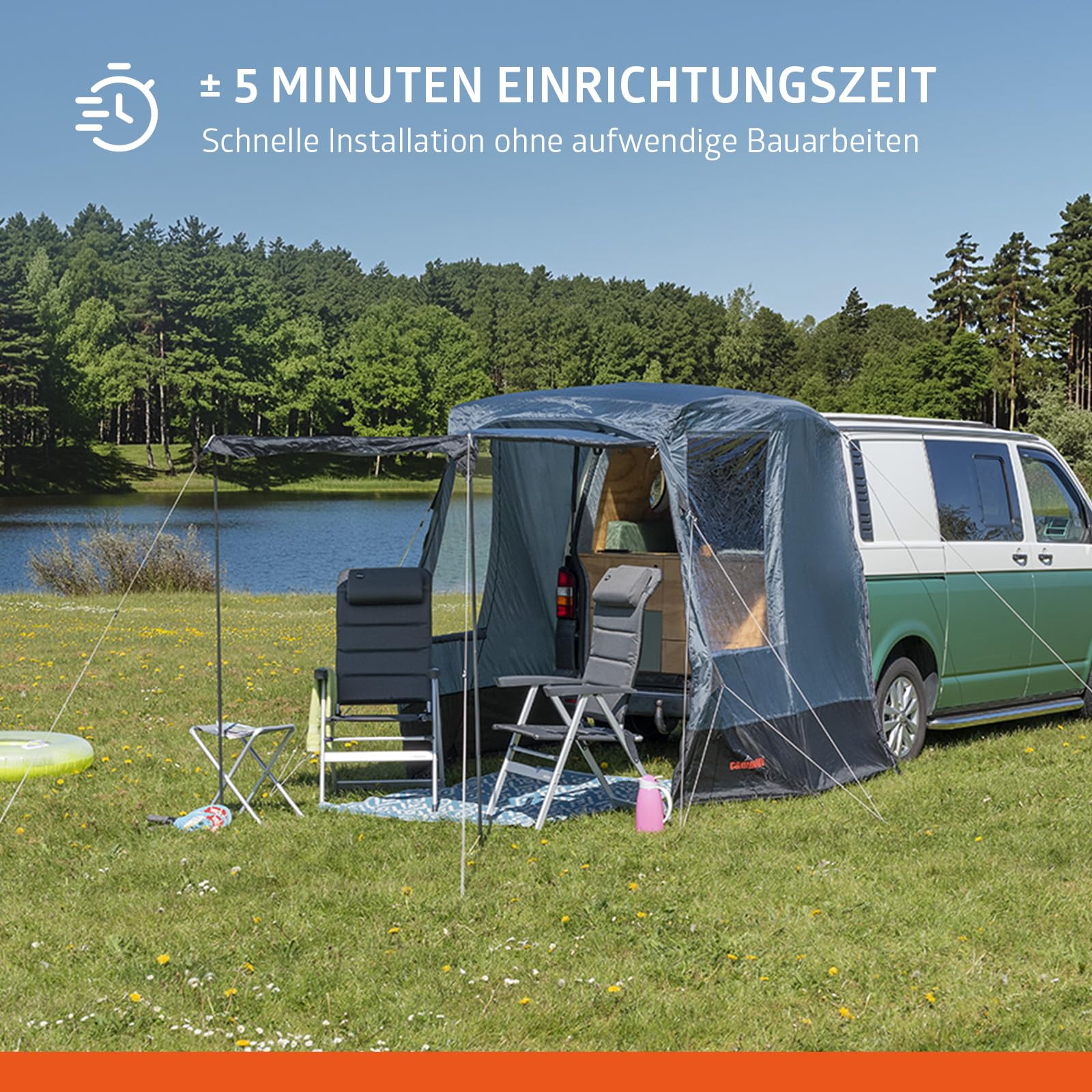Campout Auto Heckzelt Bus Camper Campout – Heckklappenzelt VW T5/T6/T6.1 & Mercedes Vito/V-Class – 3000 mm Wasserdicht– inkl. Vordachstangen – Anbauhöhe 185–200 cm