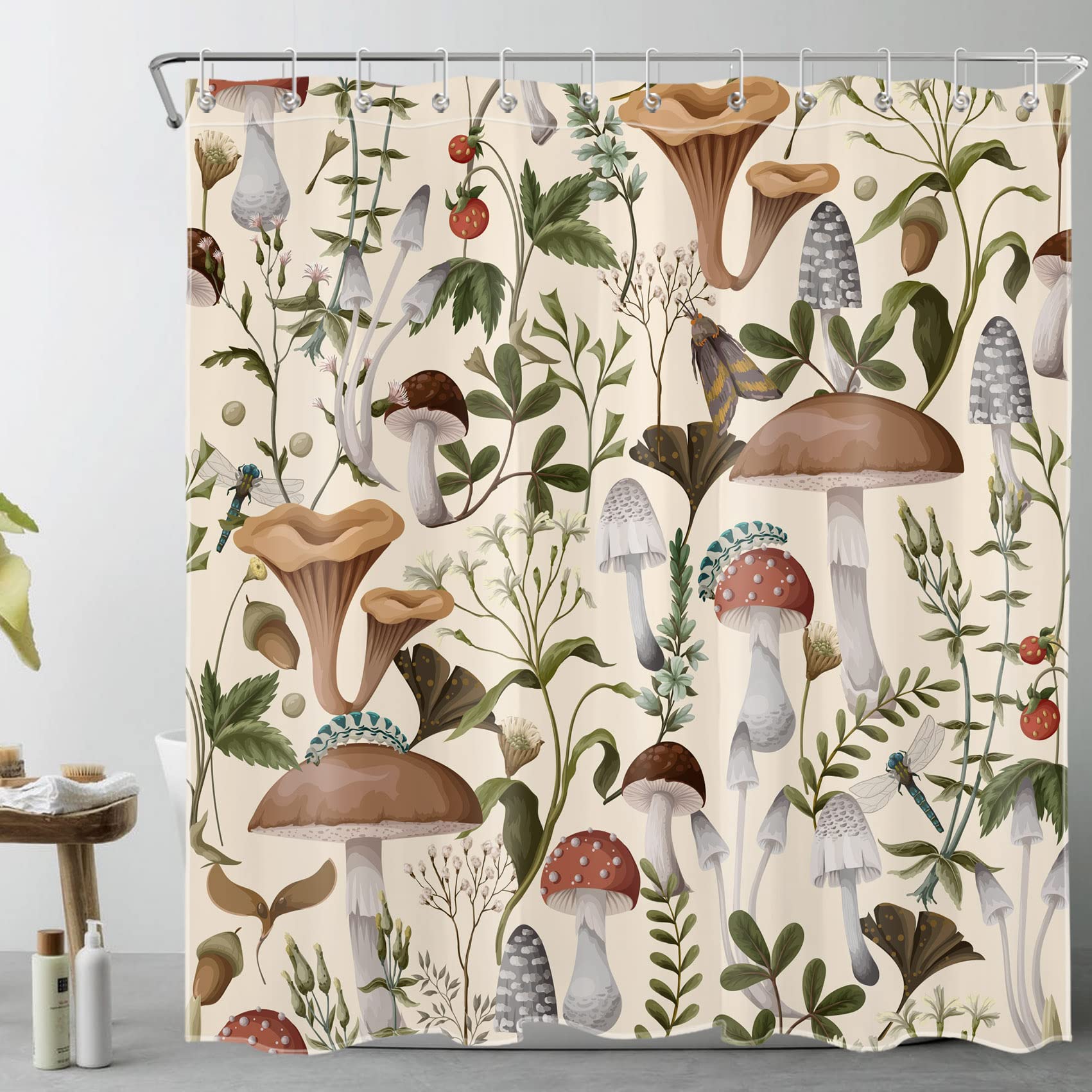 HVEST 70s Mushroom Shower Curtain,Various Mushrooms and Leaves on Beige Background Bathroom Curtain with Hooks,Vintage Plant Bath Polyester Fabric