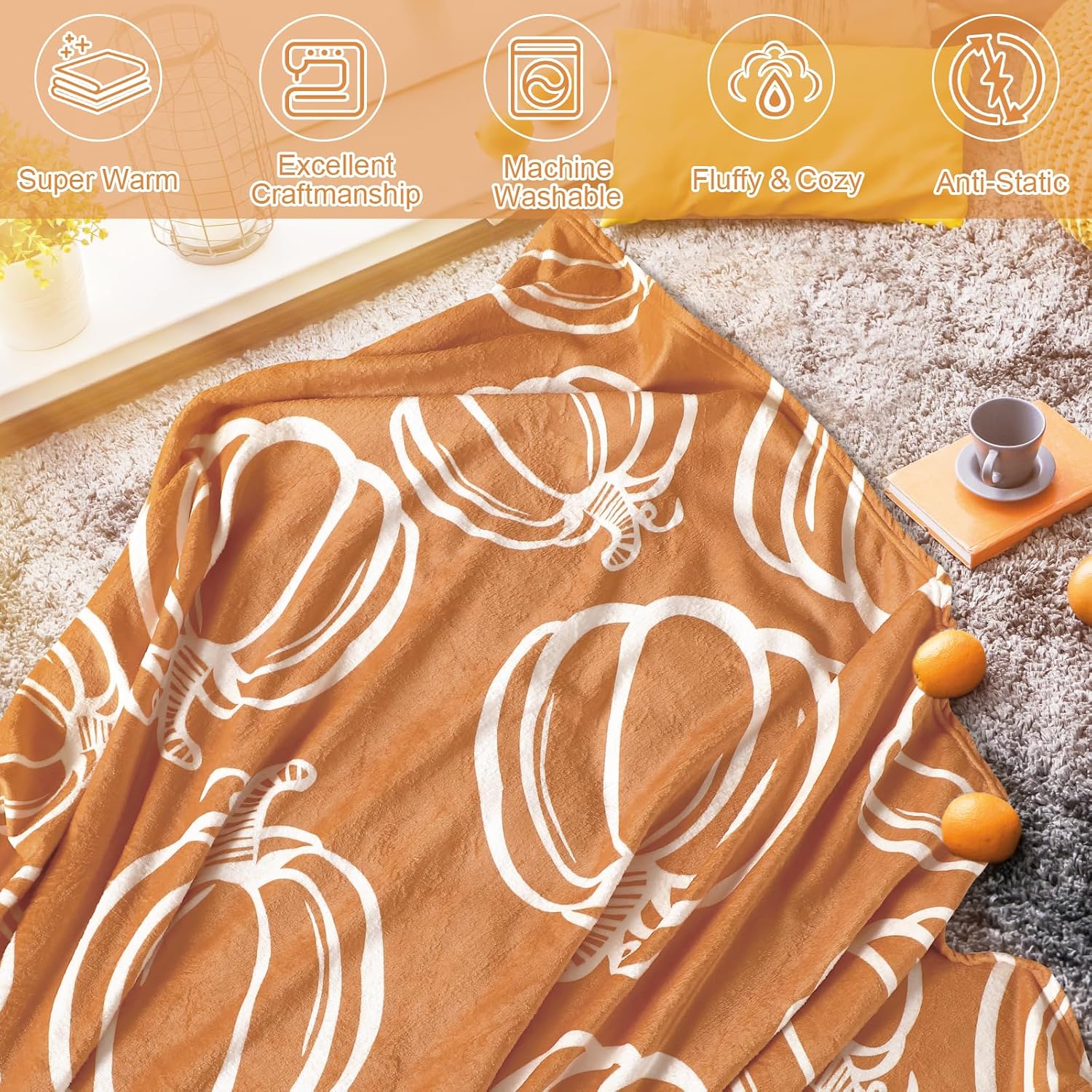 Hosuly Fall Thanksgiving Blankets Orange Pumpkin Throw Blanket Soft Farmhouse Thanksgiving Flannel Fleece Blankets and Throws for Home Living Room Sofa Couch Bed Chair Decor,60 x 50 Inch
