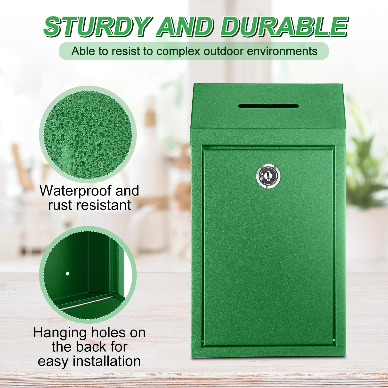 Yaocom Caja de metal para donación, caja de sugerencias segura con cerradura, buzón montado en la pared, contenedor de papeleta de entrega para casa, oficina, puerta al aire libre (verde brillante)