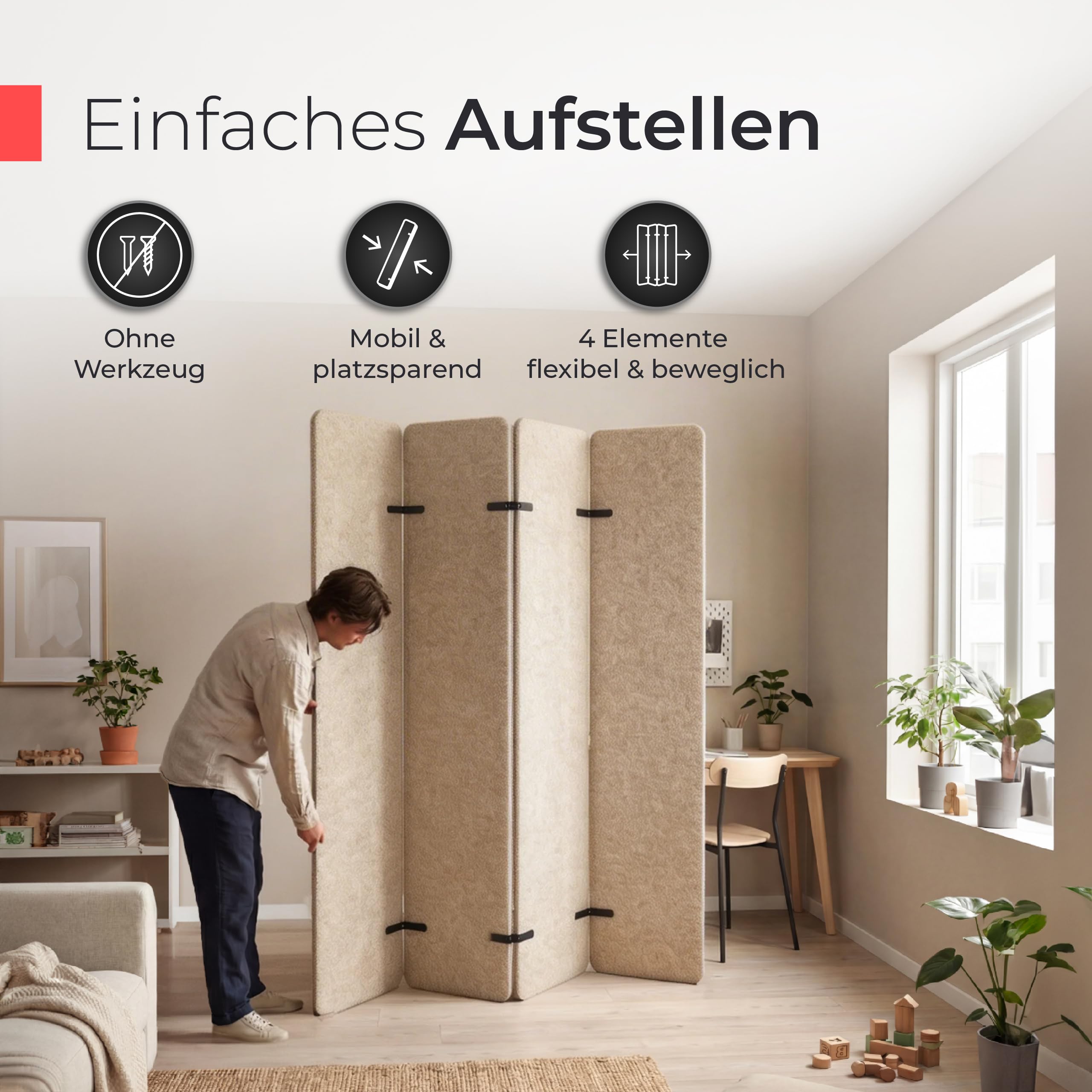 Paravent Acoustique Pliable – 2 m de Hauteur x 1,60 m de Longueur | Feutre Acoustique Beige 200x160cm – paravent à 4 Panneaux Pliable pour Isolation phonique et séparation visuelle