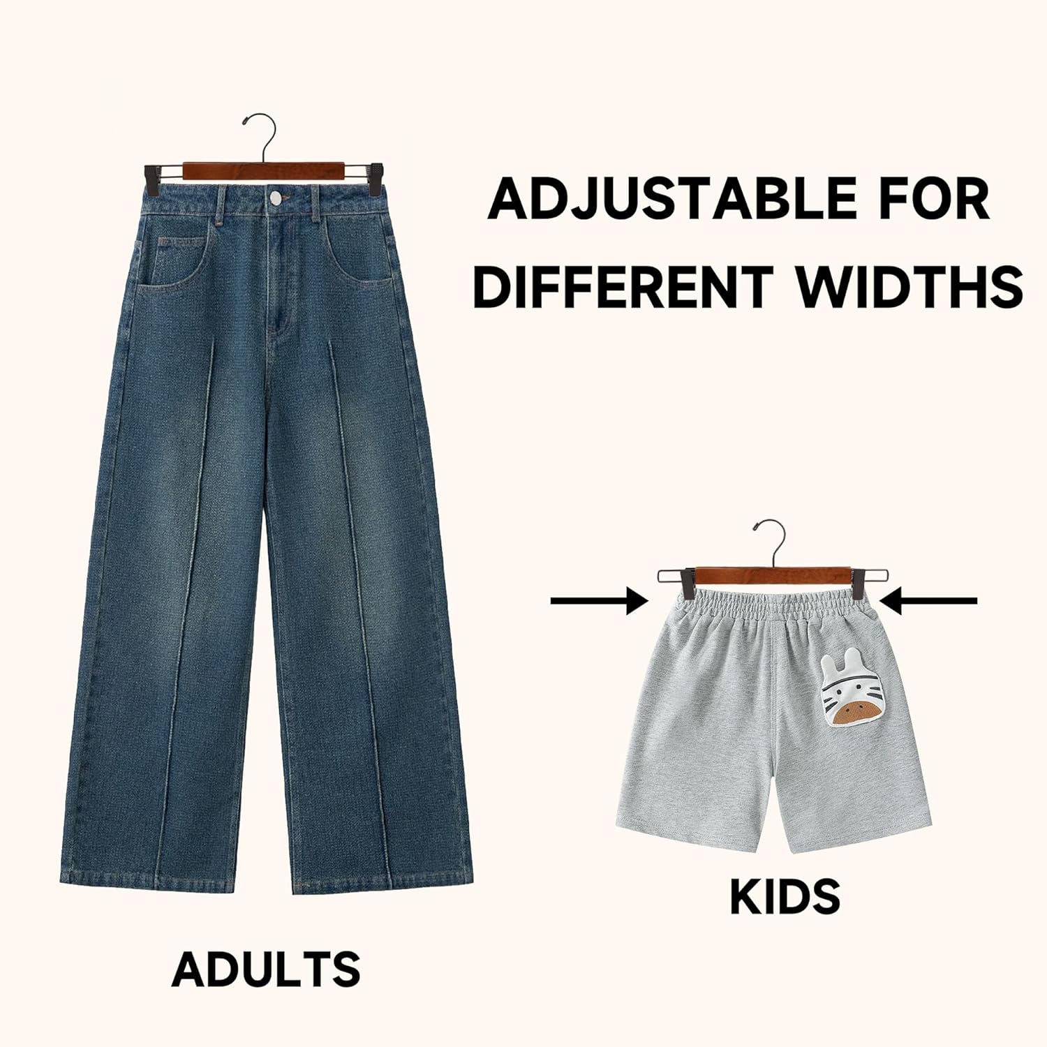 Premium Wooden Pants Hangers, Solid Wood Skirt Bottom Hangers with Adjustable Non-Slip Clips, 360° Swivel Hook, Space-Saving for Slacks, Trousers, Shorts, Jeans