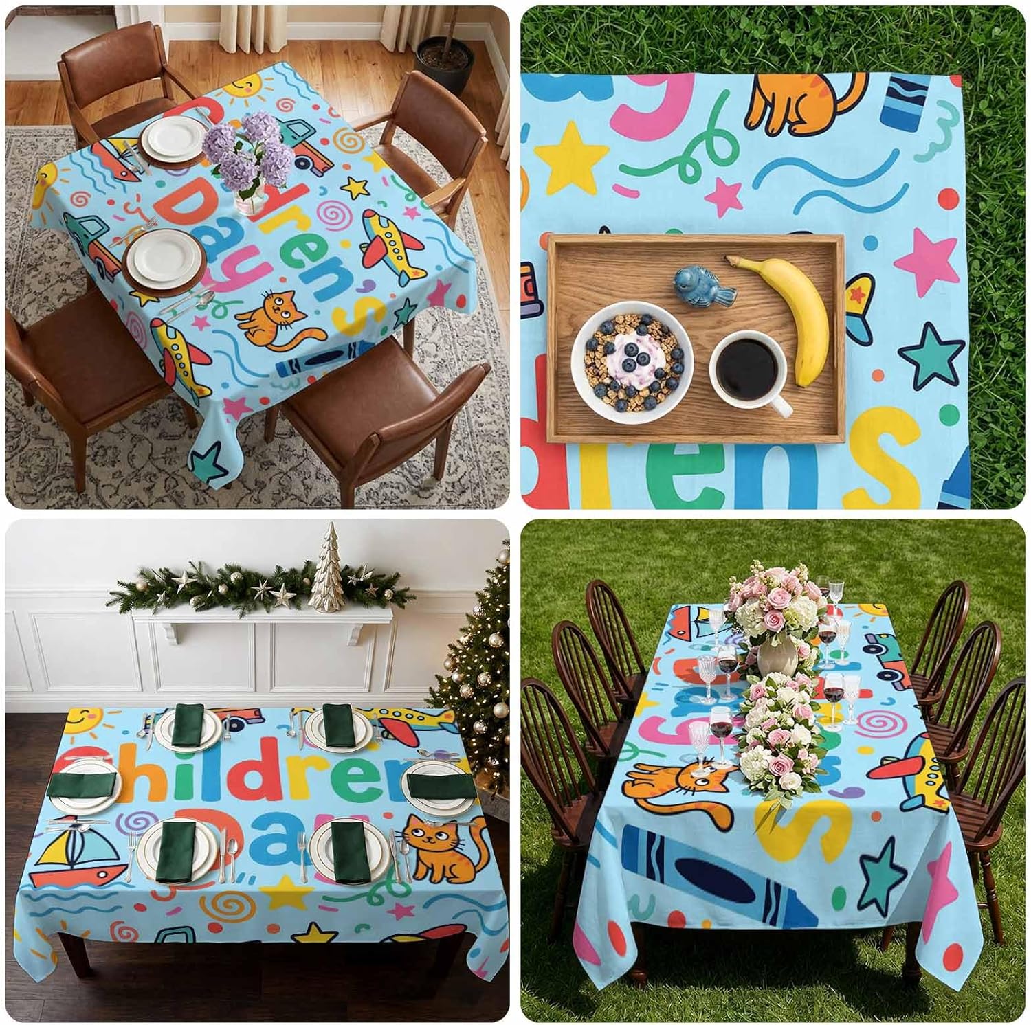 Children's Day Rectangle Tablecloth, Cartoon Cute Watercolor Truck Cat Blue Waterproof & StainResistant Tablecloth, Washable Oil-proof Table Cover for Dining/Party/Wedding/Camping/Buffet 54x108 In
