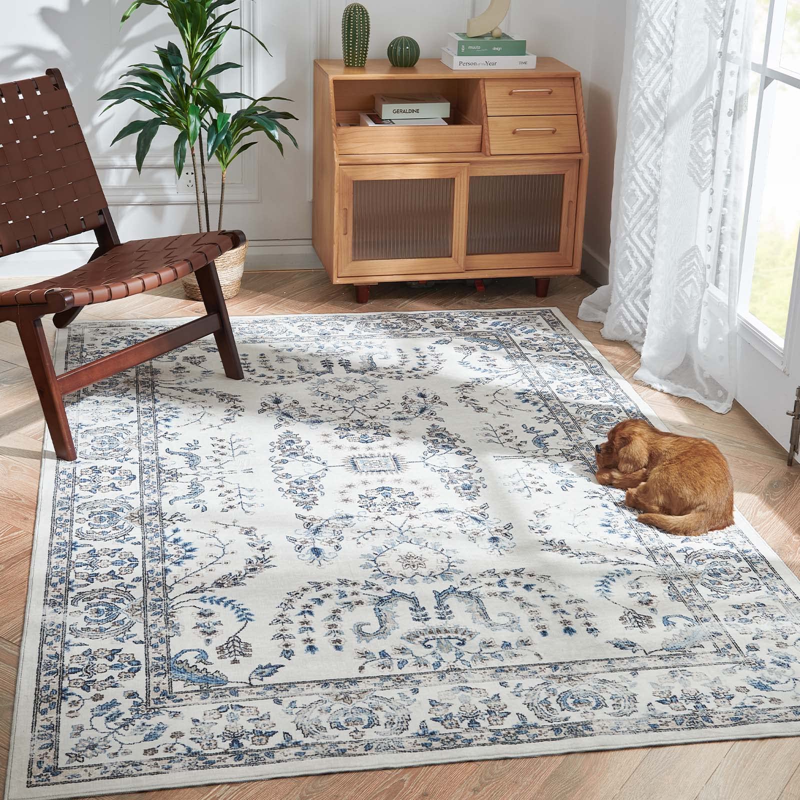 jinchan Area Rug 4x6 Vintage Rug Washable Rug Floral Rug Retro Distressed Rug Non Slip Thin Rug Outdoor Floor Cover Boho Soft Rug Carpet Kitchen Living Room Bedroom Dining Room Blue