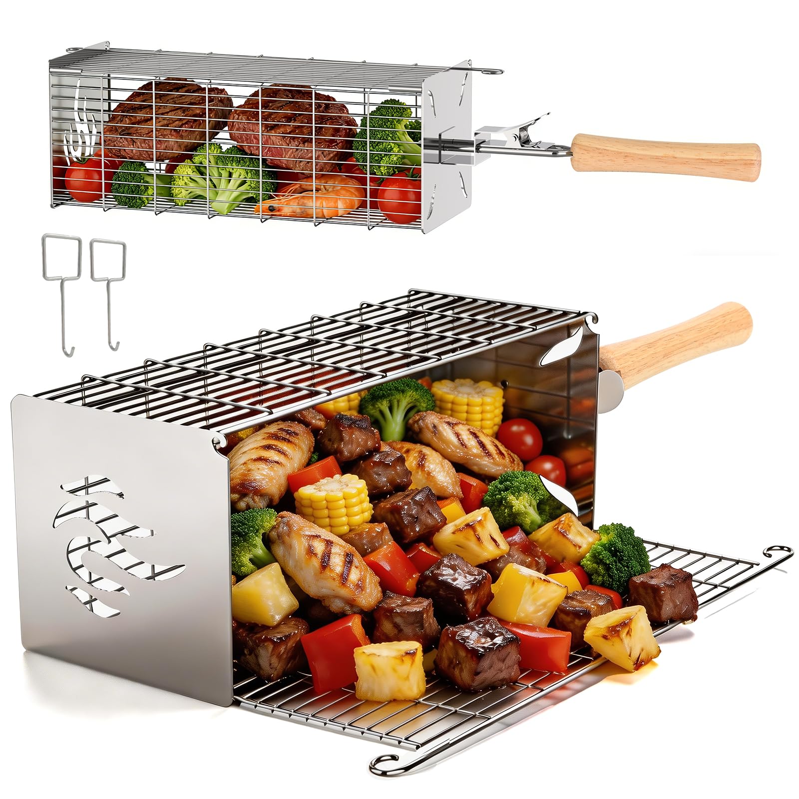 2er Set Grillkorb Quadratisch, Abnehmbarer Holzgriff, Grillkorb Edelstahl 304, Großes Volumen, Outdoor Grill, BBQ Zubehör für Gemüse, Fleisch, Gasgrill, Camping, Garten | Geschenk für Männer, Papa