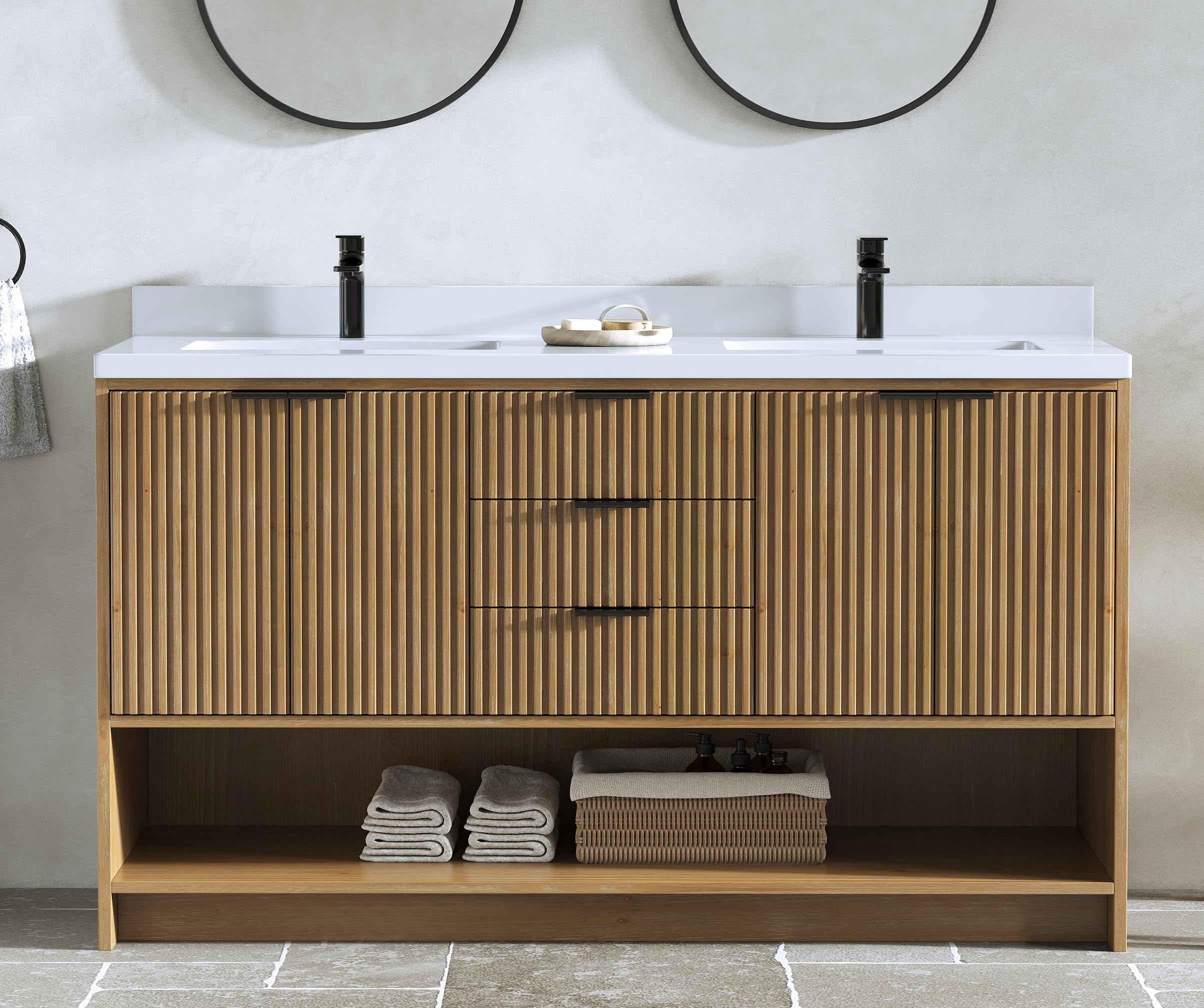 Maxbano 55" Bathroom Vanity with Sink, Freestanding Single Vanity for Small Bathroom, Mid Century Modern Bath Cabinet, White Stone Top, Weather Fir