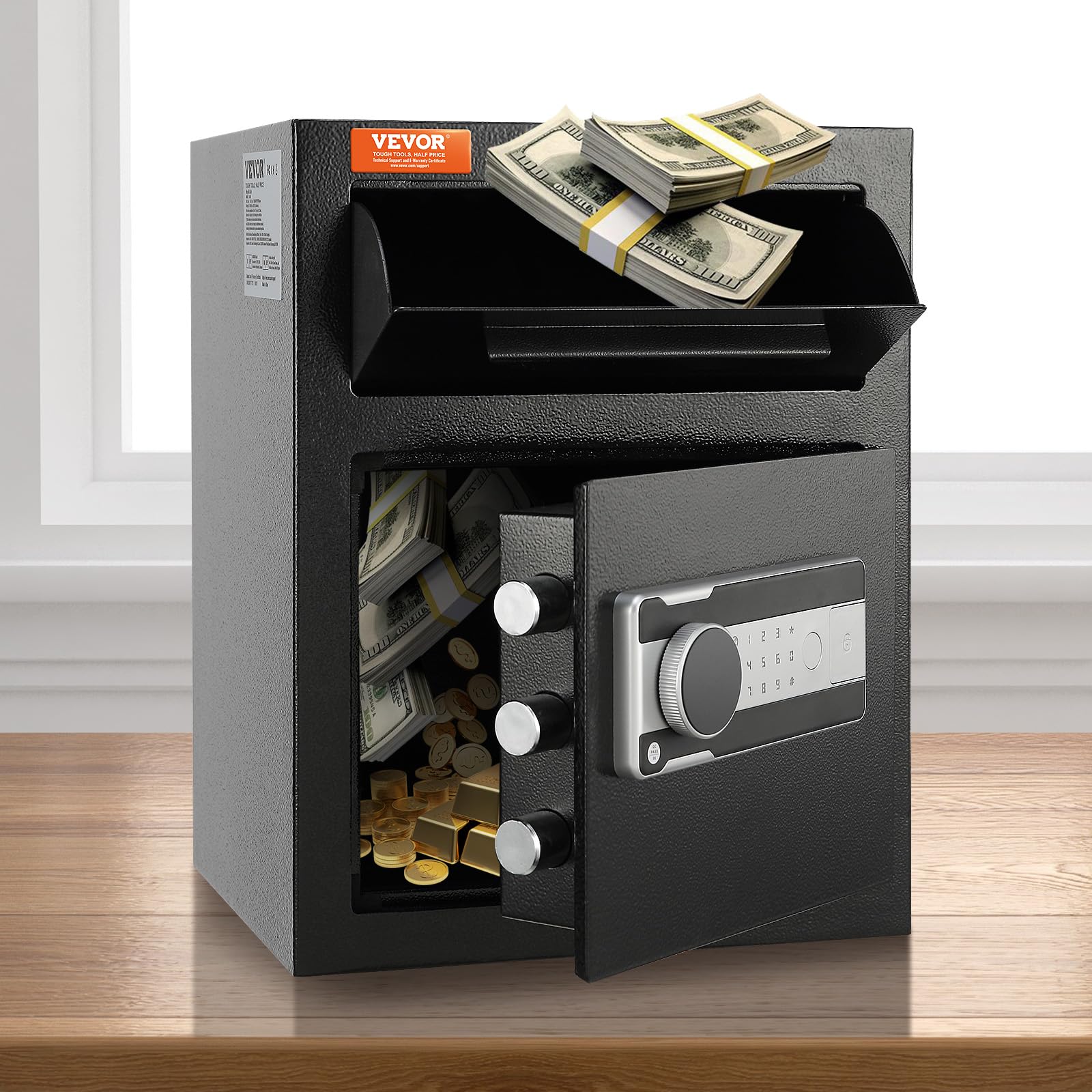 VEVOR 1,7 C Coffre-Fort avec Serrure Électronique de Dépôt, Acier Laminé à Froid Coffre-Fort à Trappe Déverrouillage par Mot de Passe 3-12 Chiffres & Clés pour Argent Doc Domicile Noir 450x350x300mm