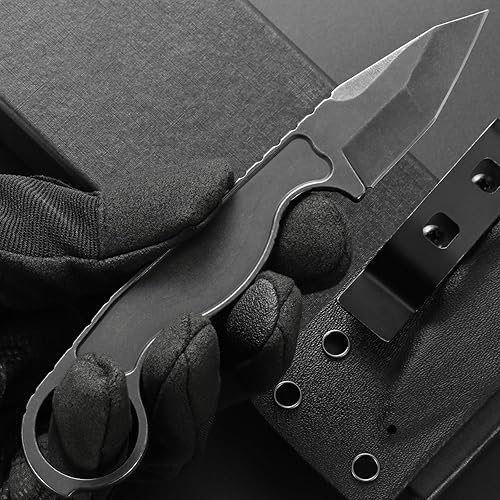 Miniatura 6 de CCanku C1101 - Cuchillo de hoja fija D2, mango de acero inoxidable y funda Kydex para caza al aire libre, supervivencia y herramienta EDC (negro)