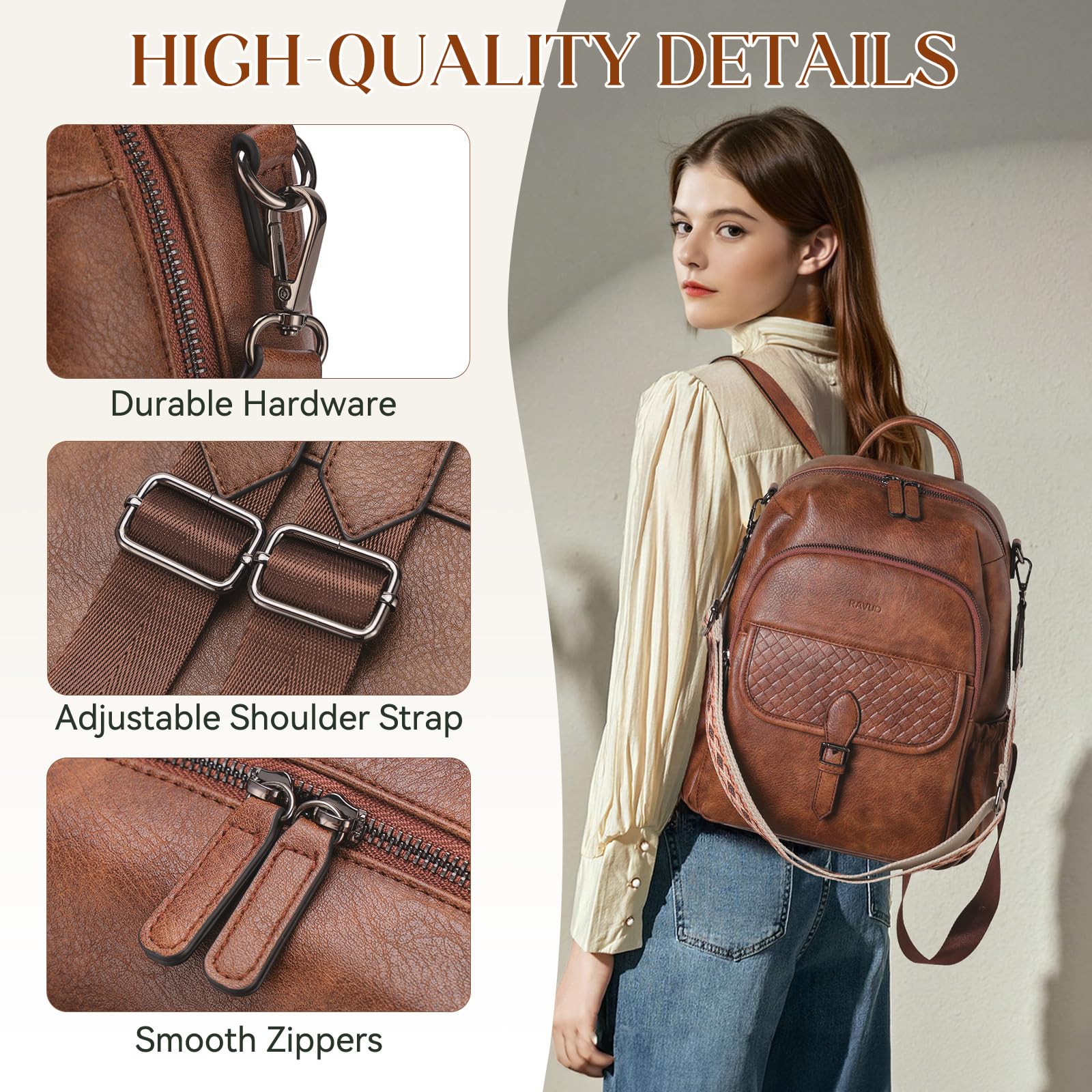 RAVUO Mochila Mujer,Bolso Mochilas de Cuero PU Impermeable Casual Mochila Casual Bolso de Bandolera Piel para Escuela Viaje Compras,Marrón