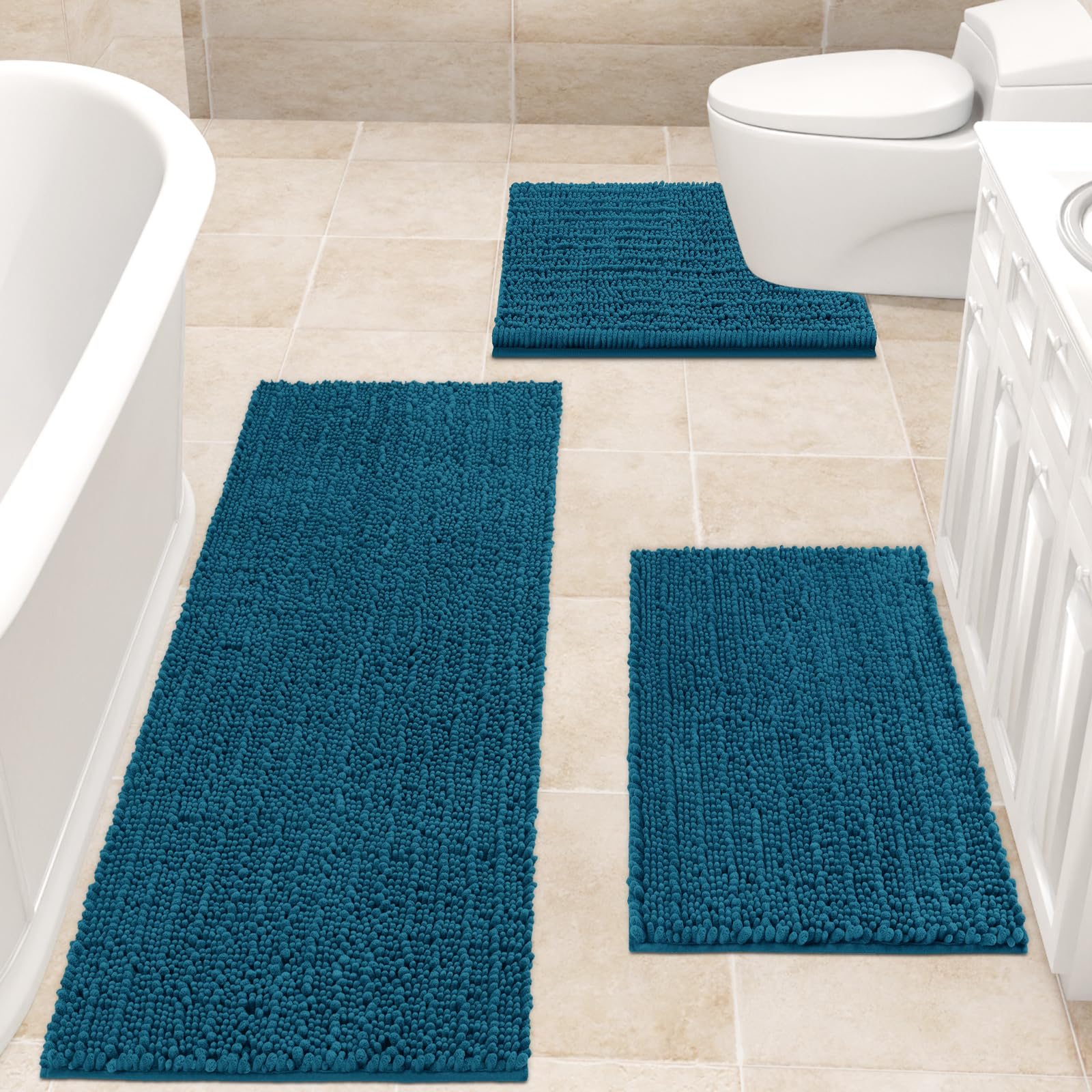 ACCUMTEK Upgrade Extra Large Teal Blue Bathroom Rug Set 3 Pieces Ultra Soft, Thick Absorbent Bath Mats, Non Slip Chenille Toilet Mat for Bathroom, Bedroom, Kitchen