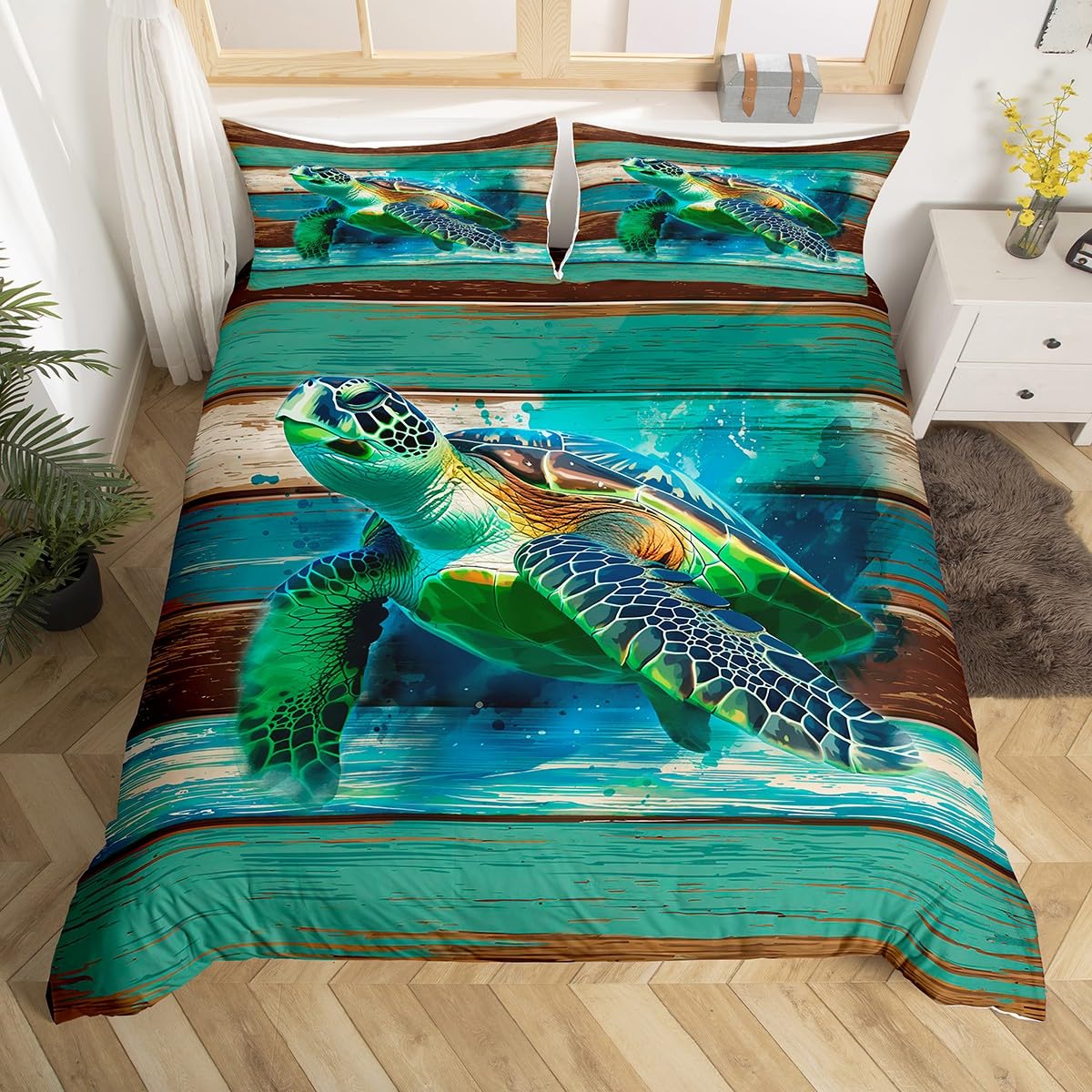 Manfei Sea Turtle Duvet Cover Set King Size, Marine Animal Theme Comforter Cover with 2 Pillowcases, Vintage Blue Grey Wood Plank Bedding Set 3pcs for Kids Boys Girl Rustic Farmhouse Bedspread Cover