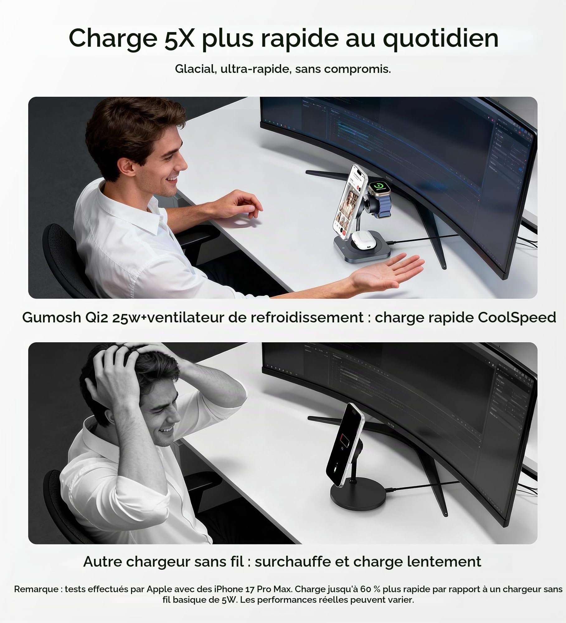Station de charge Qi2.2 chargeur magnétique 3 en 1 25W avec ventilateur de refroidissement actif, chargeur sans fil magnétique pour iPhone 17/16/15/14/13/12, Apple Watch, AirPods (avec adaptateur 45W)