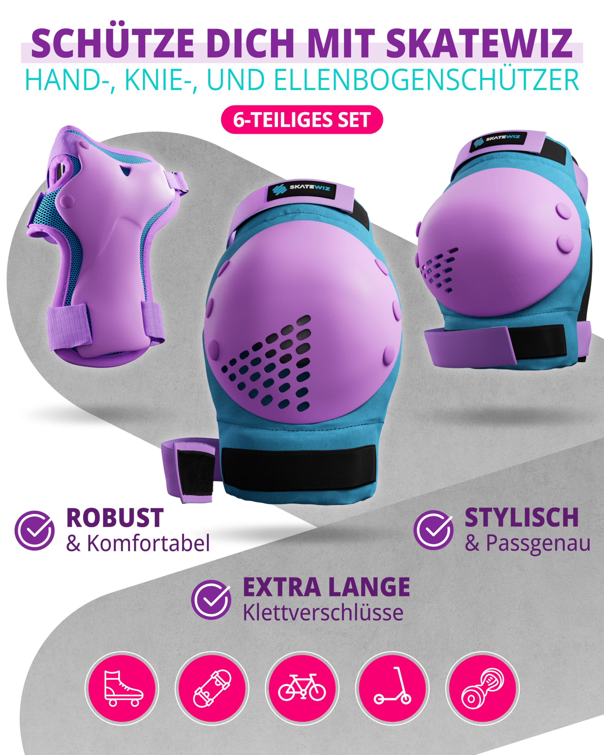 SKATEWIZ Protektoren Kinder - Knieschoner Kinder - Schoner Inliner Knieschützer - Schützer Inliner - Knie und Ellenbogenschützer - SMASH Größe S Blau Violett