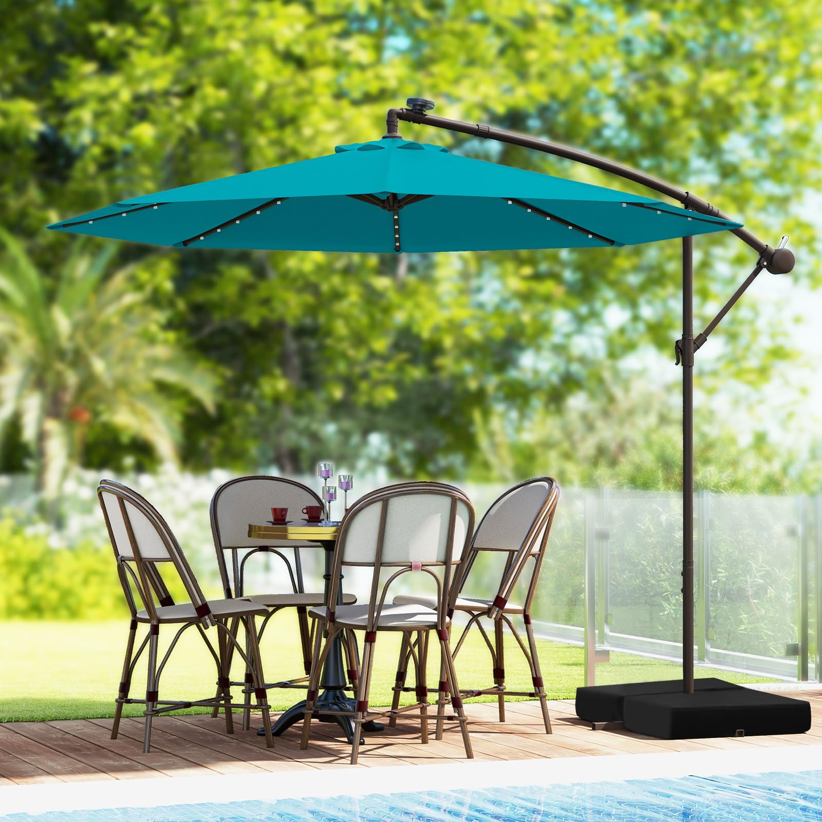 COSTWAY Parasol przeciwsłoneczny z workiem na piasek, 300 cm, z 40 solarnymi diodami LED i korbą, parasol ogrodowy, ochrona przed promieniowaniem UV, parasol na taras, do ogrodu, na basen, taras
