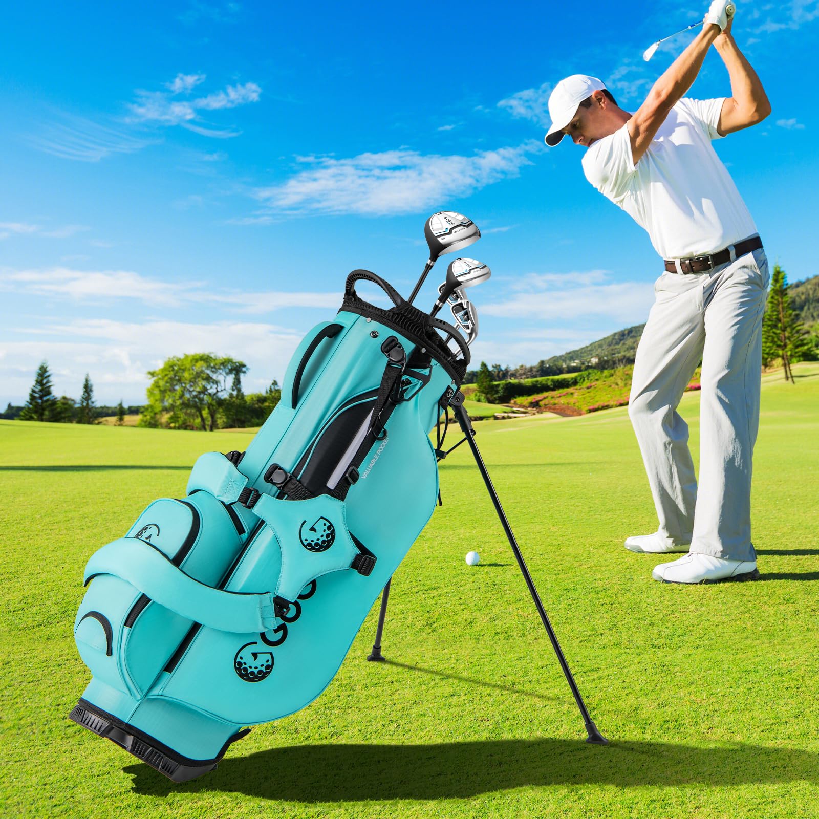GYMAX Golf-Standtasche, tragbare Golftasche mit 8 Fächern & 5 Taschen, leichte Golftasche mit verstellbarem Doppelträger, Regenschutz, Standbag für Herren & Damen