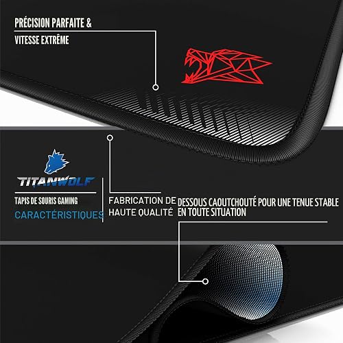CSL-Computer Titanwolf Tapis de Souris XXL Speed Gaming Titanwolf Noir 900 x 400 mm XXL Tapis de Souris – sous-Main de Table – Grande Taille – Améliore la précision et la Vitesse – Noir Ultra-Rapide - 3
