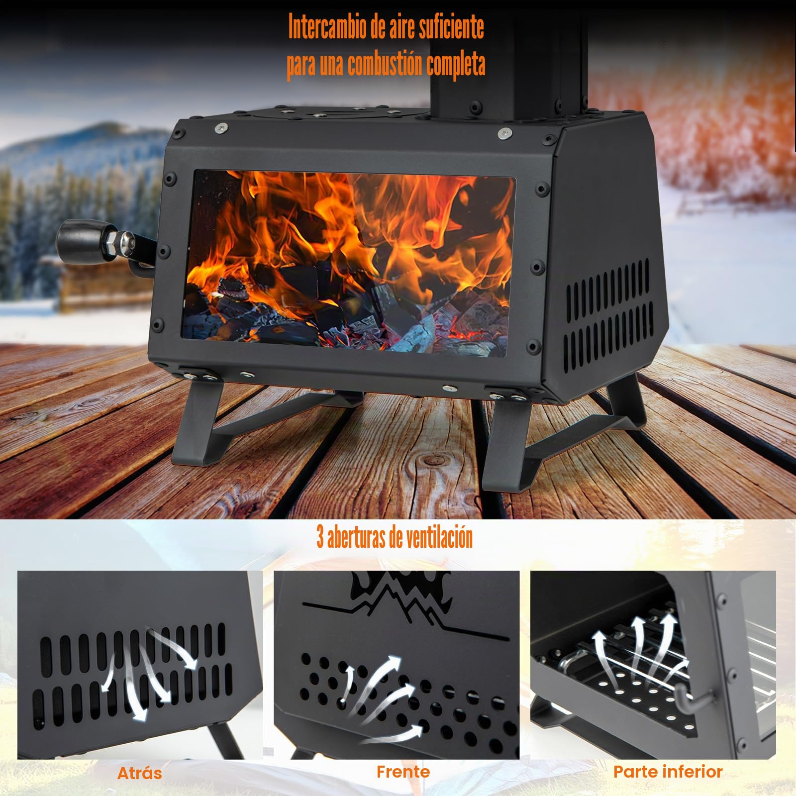 GYMAX Estufa de Leña, Estufa Portátil para Camping con 2 Posiciones de Cocción， 3 Ventilaciones de Aire, Ventana Visual Grande, para Cocinar y Calentar al Aire Libre