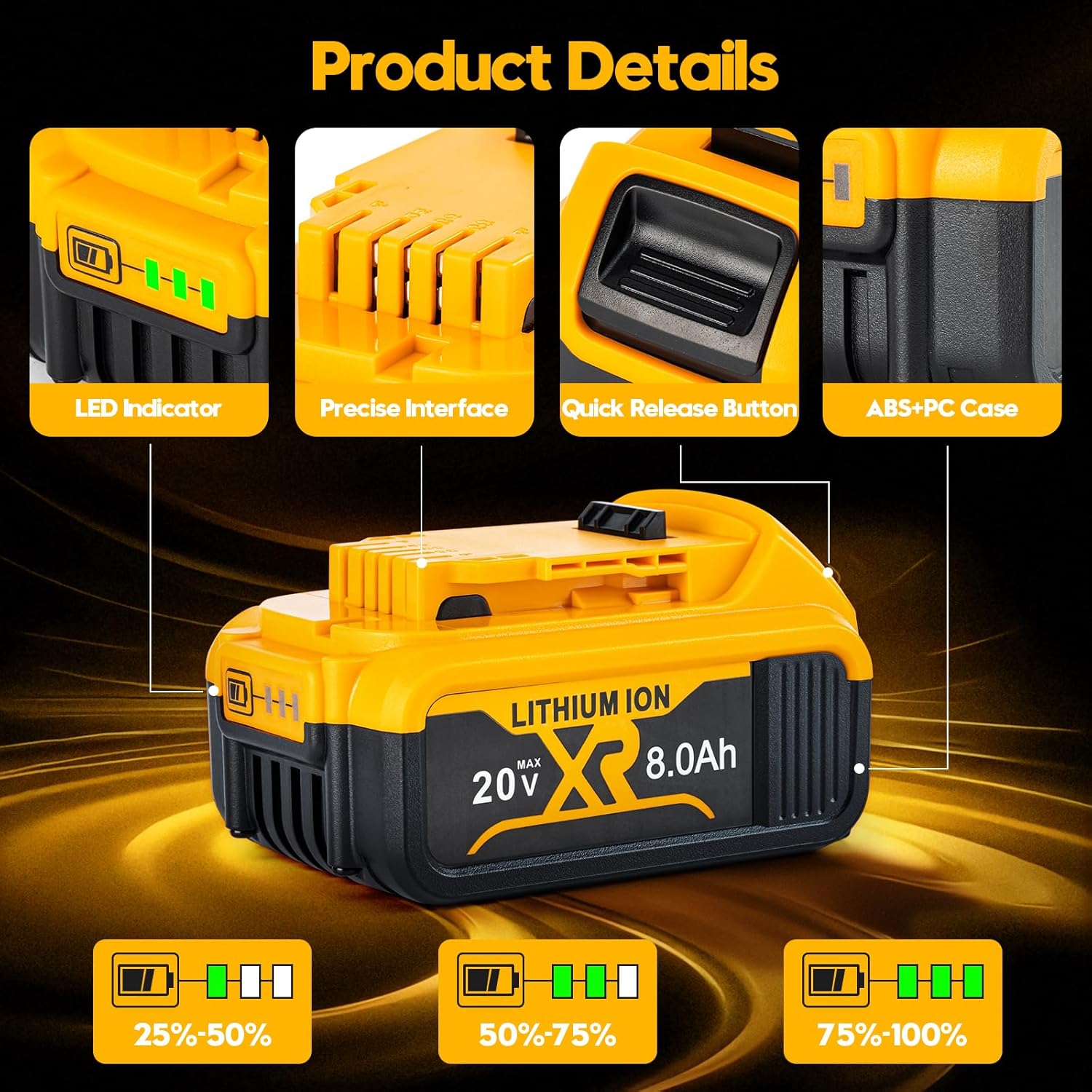 2Pack 8.0Ah Battery Replacement for Dewalt 20V Max Battery Compatible with Dewalt 20V DCB208 DCB200 DCB206 DCB205 DCB204 DCB203 DCB180 Cordless Power Tools LED Indicator - Image 3