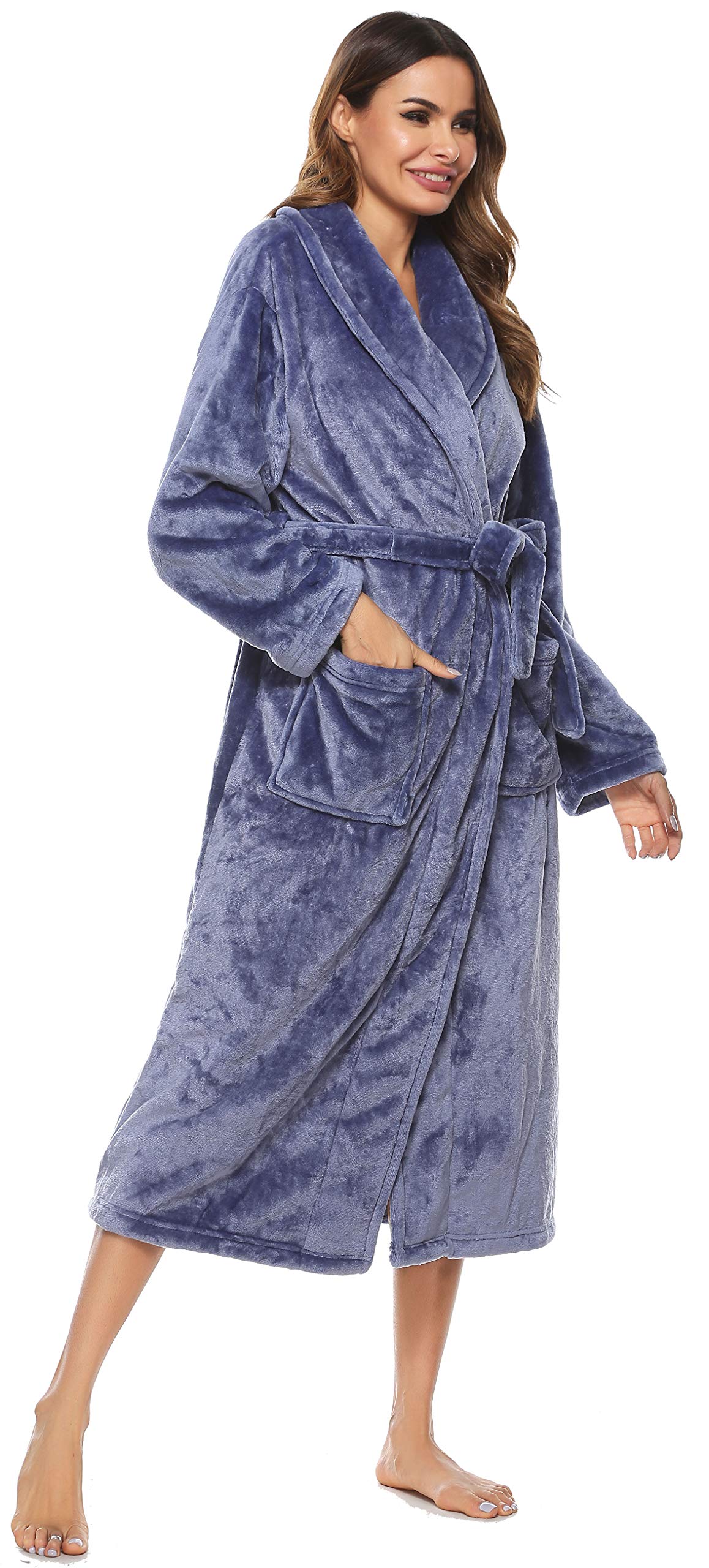 Vlazom Ropa de Casa Mujer Invierno Polar, Largo Albornoz de Felpa para Señora, Abrigo de Estar por Casa con Cinturón S-XL