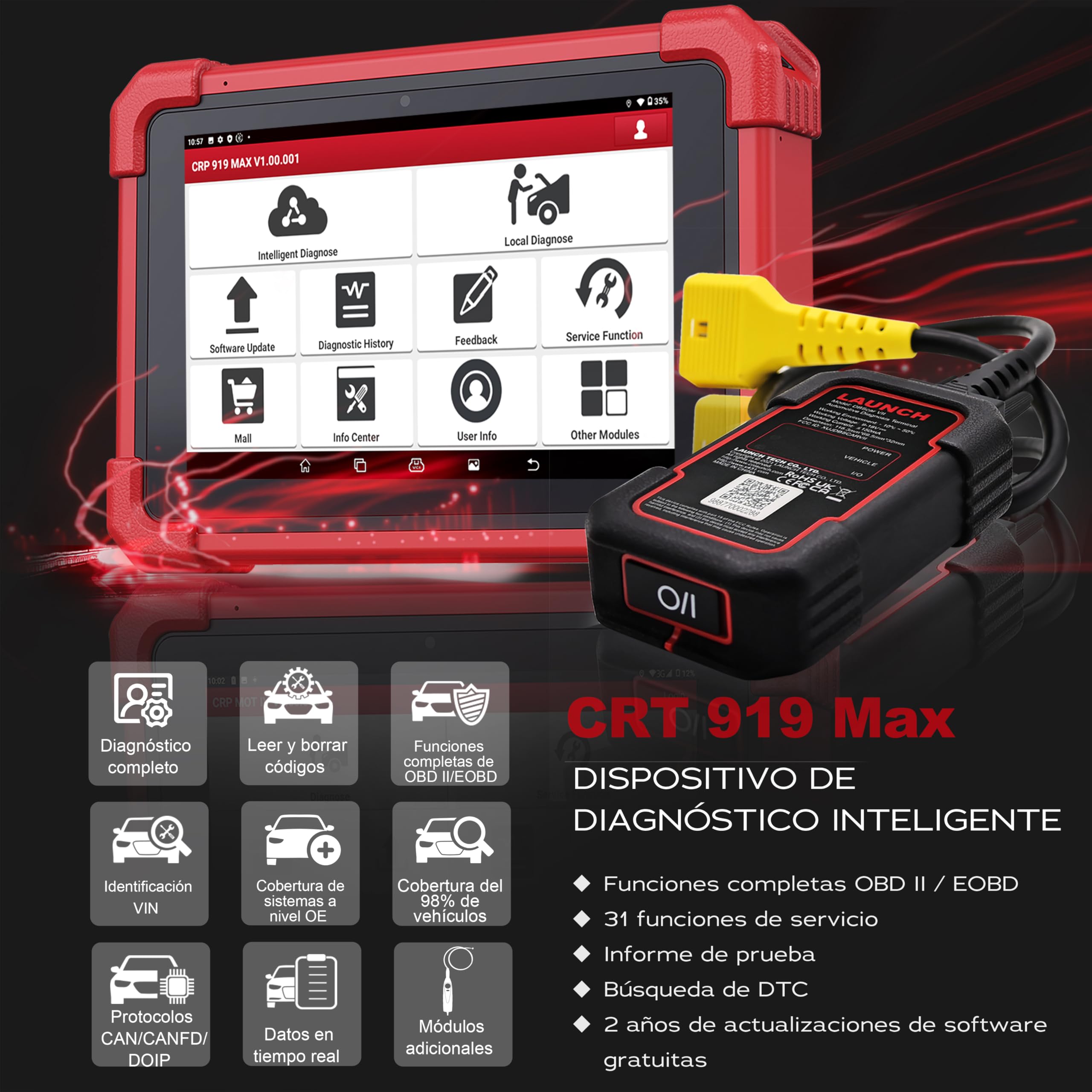 Launch CRP 919 MAX, Dispositivo OBD2 para diagnóstico de Autos, Lee Errores y Sistemas de Todas Las Marcas, con 31+ Funciones como Aceite, EPB, DPF, batería, codificación ECU y CANFD DoIP. | Codificación ECU, +35 Funciones, Diagnóstico Total, Pruebas Acti