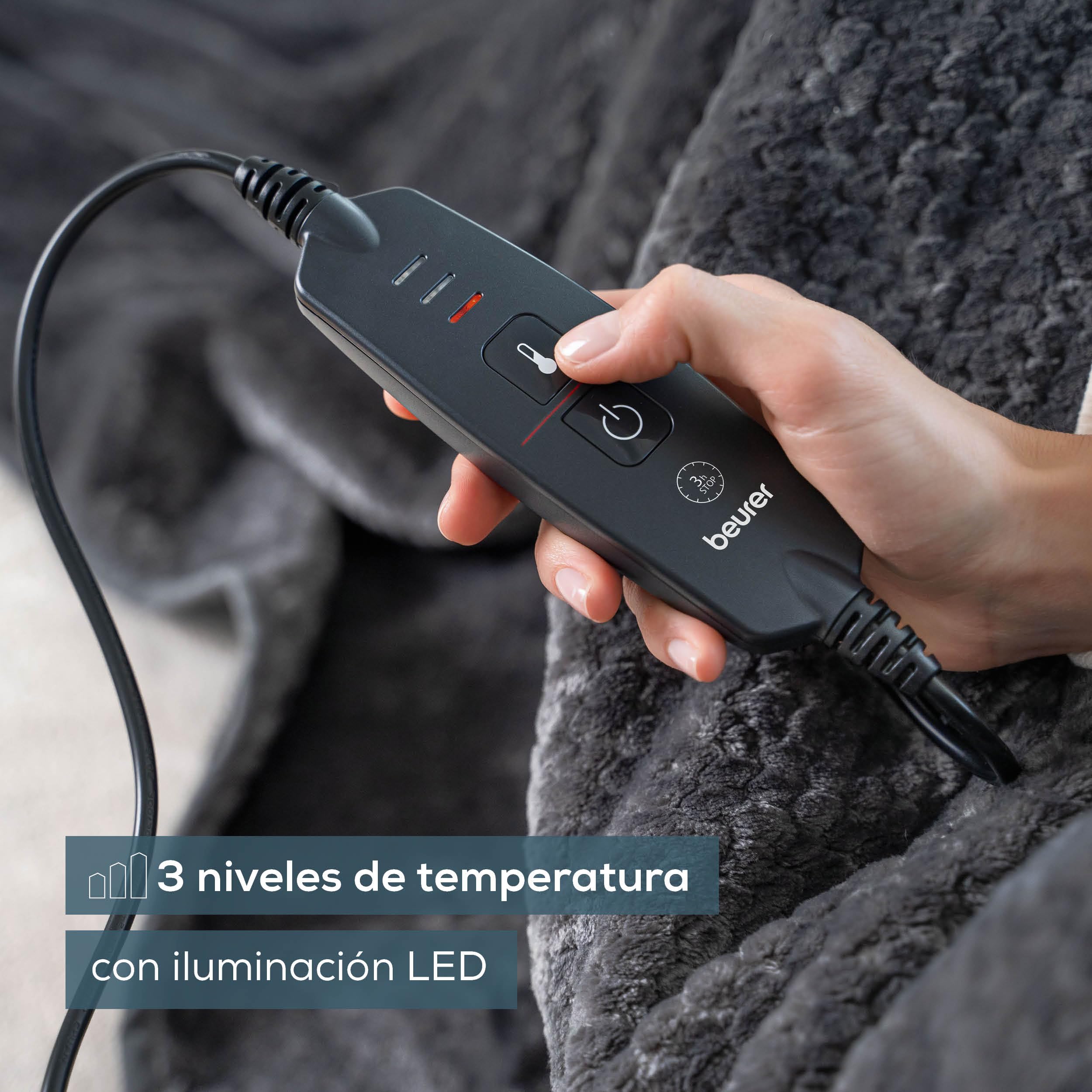 Beurer HD 65 manta eléctrica, manta térmica acogedora de material suave con 3 niveles de temperatura, con apagado automático y sistema de seguridad, lavable a máquina a 30 °C, made in Europe, gris