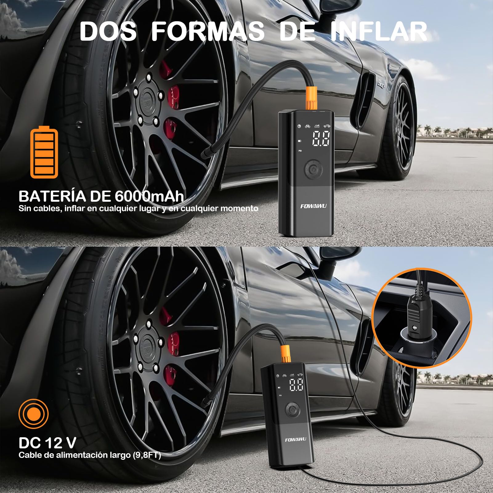 FOWAWU 6000mAh Compresor Aire Portatil, 150PSI 12V DC Bomba de Aire Bicicleta Electrica con gran pantalla doble LCD y Linterna LED, Inflador Ruedas Coche para Moto, Bicicletas, Pelotas
