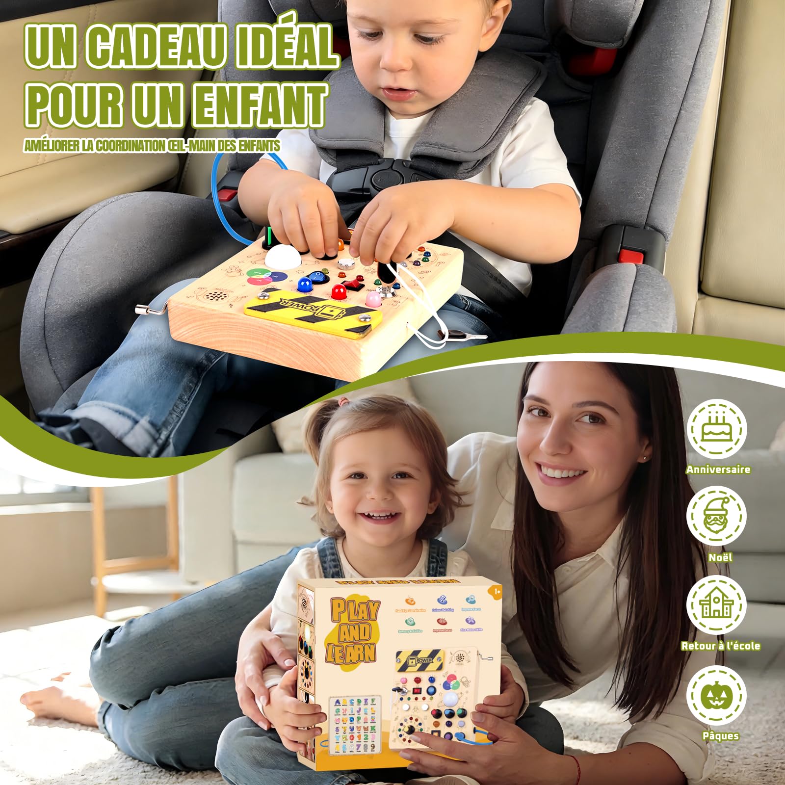 Tableau d'activités Montessori Jouet en bois à partir de 1 an Tableau d'activités avec 12 interrupteurs & 24 LED Jouet d'apprentissage sensoriel avec appareil musical & fonction de mélange de couleurs