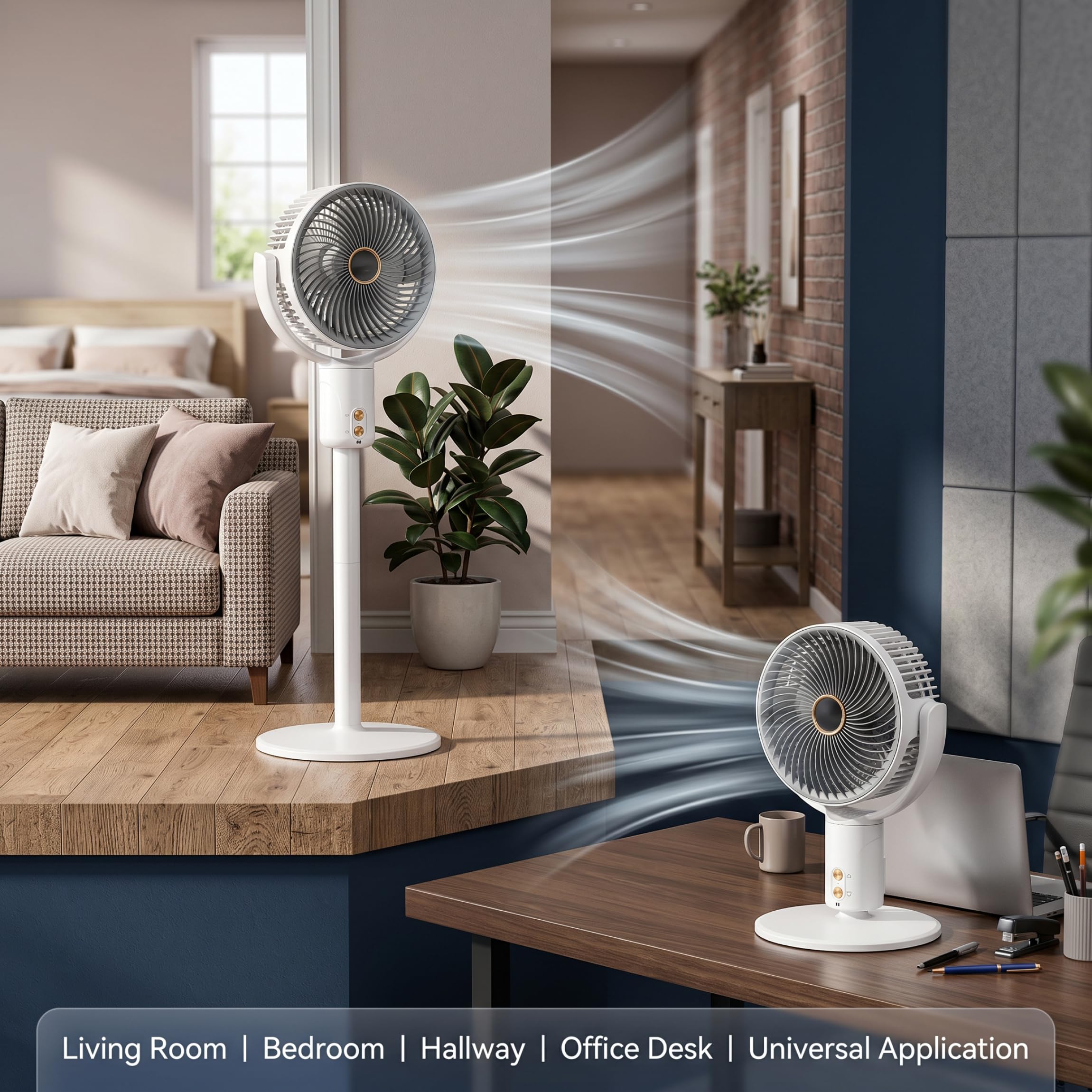 Ventilatore Pieghevole, Ventilatore da Terra Portatile, ventole oscillanti silenziose Senza Fili con Altezza Regolabile, utilizzo su scrivania e Pavimento, Bianco