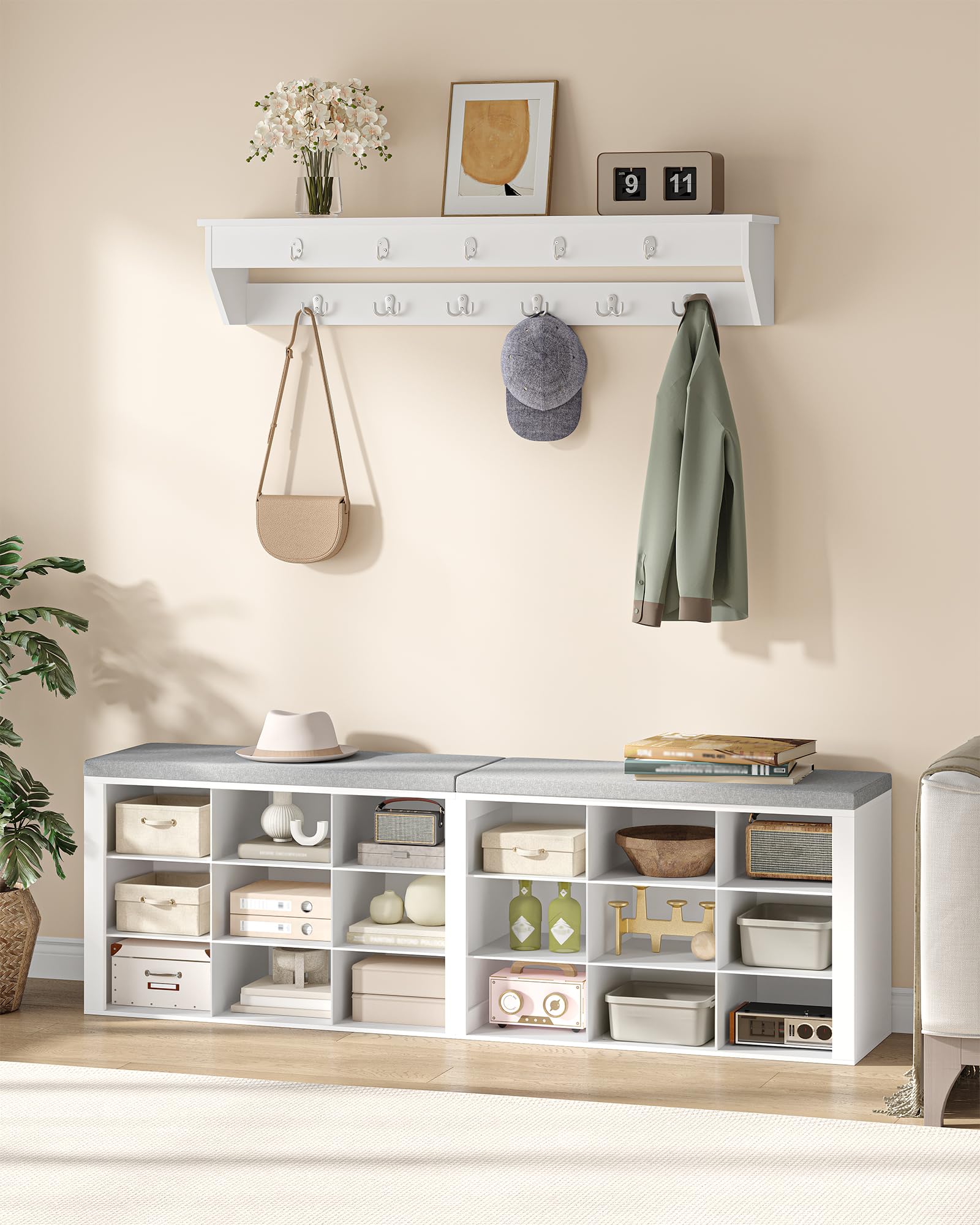 Hzuaneri Banc à Chaussures, Banc de Rangement, 18 Compartiments, Blanc-Gris