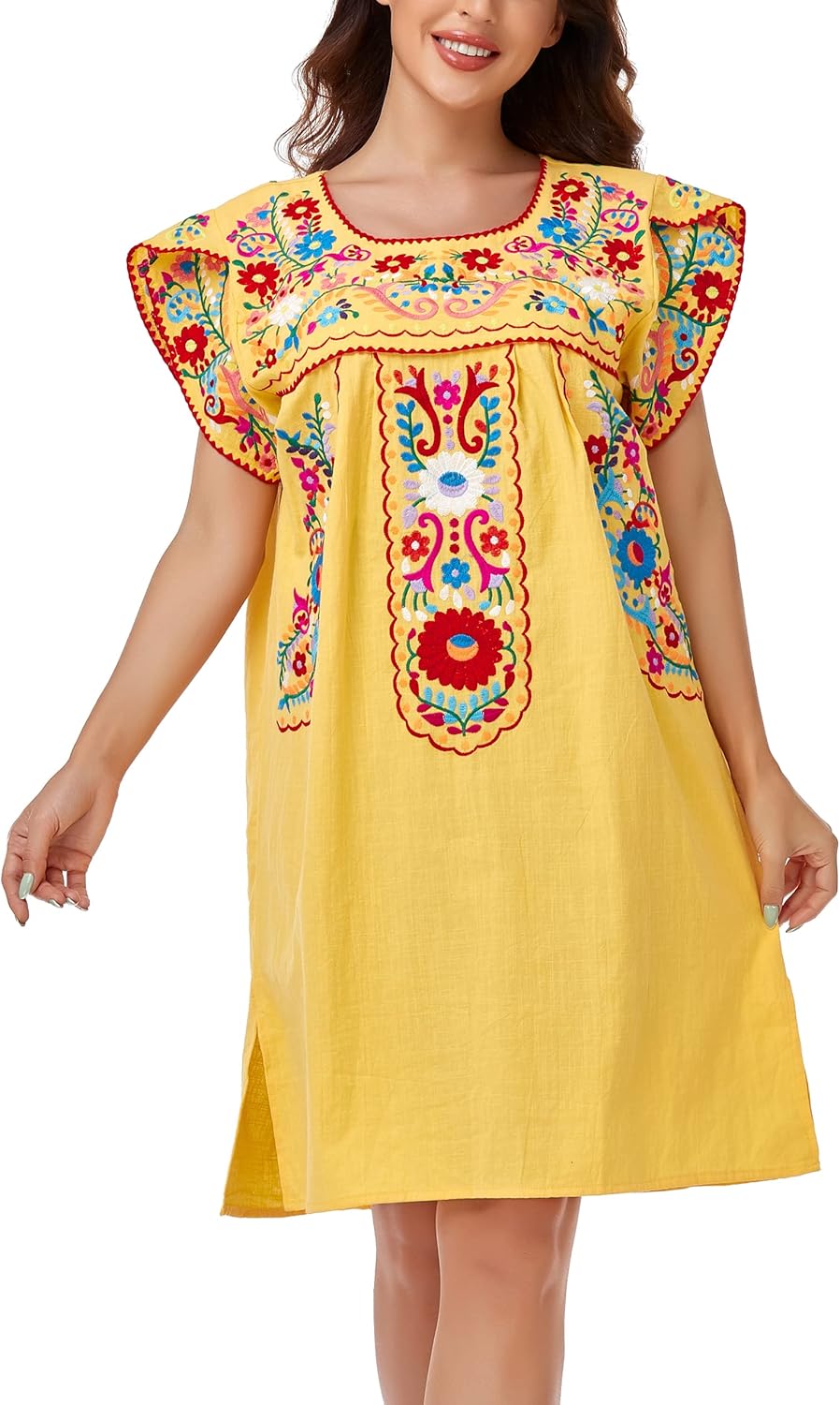YZXDORWJ Women Summer Mexican Embroidered Boho Peasant Dress Petal Sleeve - Image 5