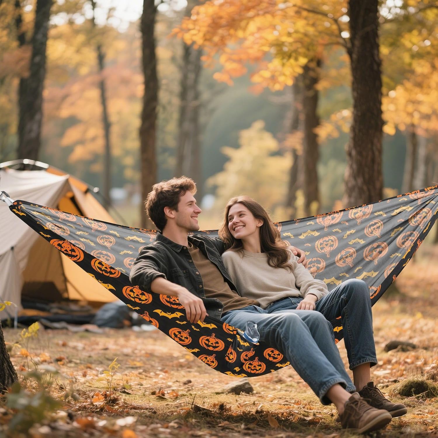 ALAZA Halloween Pumpkin Bats Camping Hammocks Single or 2 Person 500 lbs Portable Parachute Travel Hammock w/Tree Straps for Hiking Backpacking Indoor Outdoor