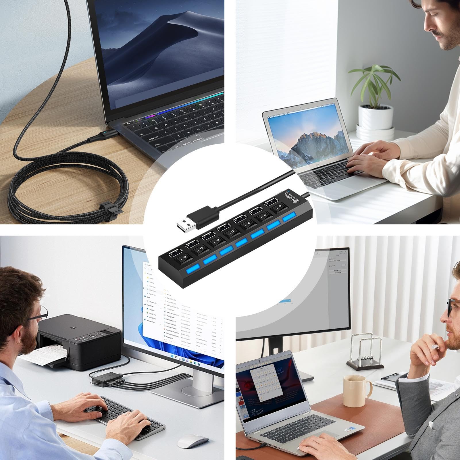 USB C HUB | Transferencia de Datos multiport de 4 Puertos, 7 Puertos | Multipurpose 3.0 USB Hub con botón Individual y Base Antideslizante para Trabajo Remoto Edición de Video Descripción
