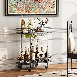 Carrinho de Bar Elíptico de Dois Níveis com Rodas, Carrinho de Bar de Casa com Rack de Vinho e Suporte de Copo de Vinho, Carrinho de Serviço para Casa, Restaurante, Festa, Preto
