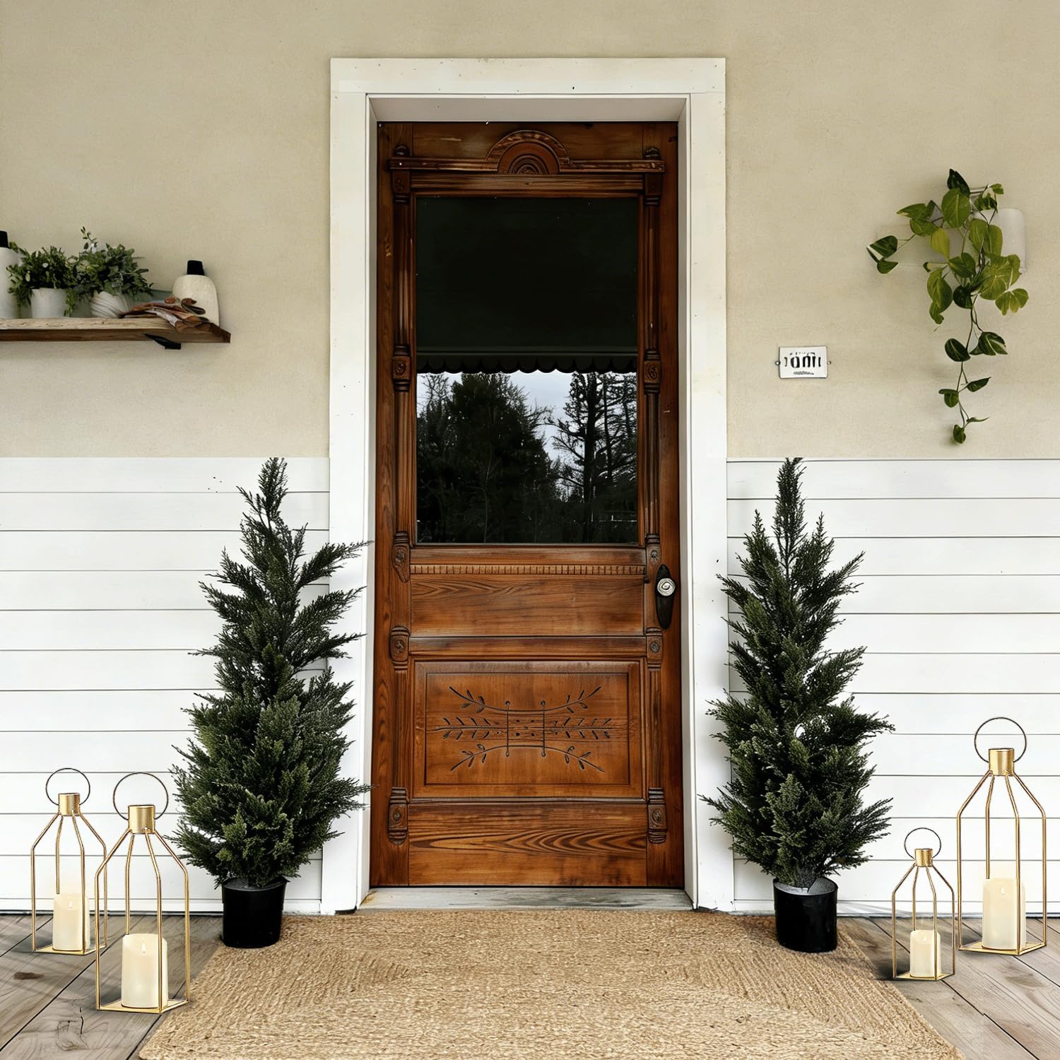 2 Pcs Lanterns Decorative Indoor, Set of 2 Gold Metal Candle Lantern Modern Farmhouse Lanterns Decorative for Home Decor, Mantle, Patio, Porch, Garden