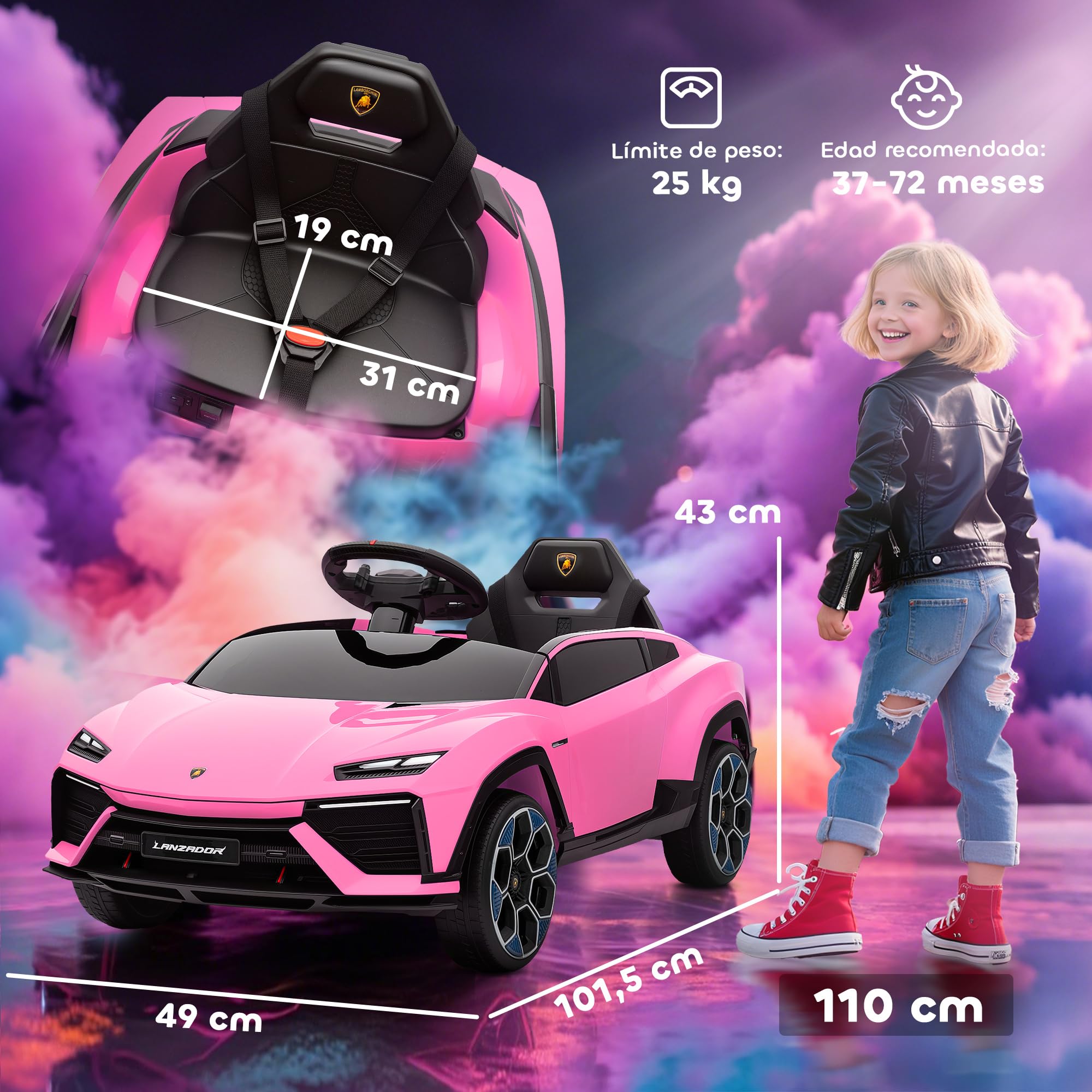 AIYAPLAY Coche Eléctrico para Niños de +3 Años, Lamborghini, Coche de Batería 12V, con Mando a Distancia 2,4 G, Motor Doble, Ruedas con Suspensión, Faros, Música, USB, Rosa