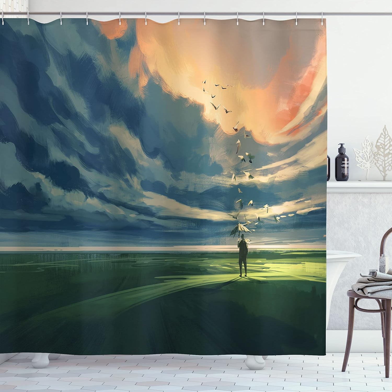 Ambesonne Abstract Shower Curtain, Man Holding an Umbrella Standing Alone in Meadow Cloudy Horizon, Cloth Fabric Bathroom Decor Set with Hooks, 69" W x 70" L, Dark Green Slate Blue