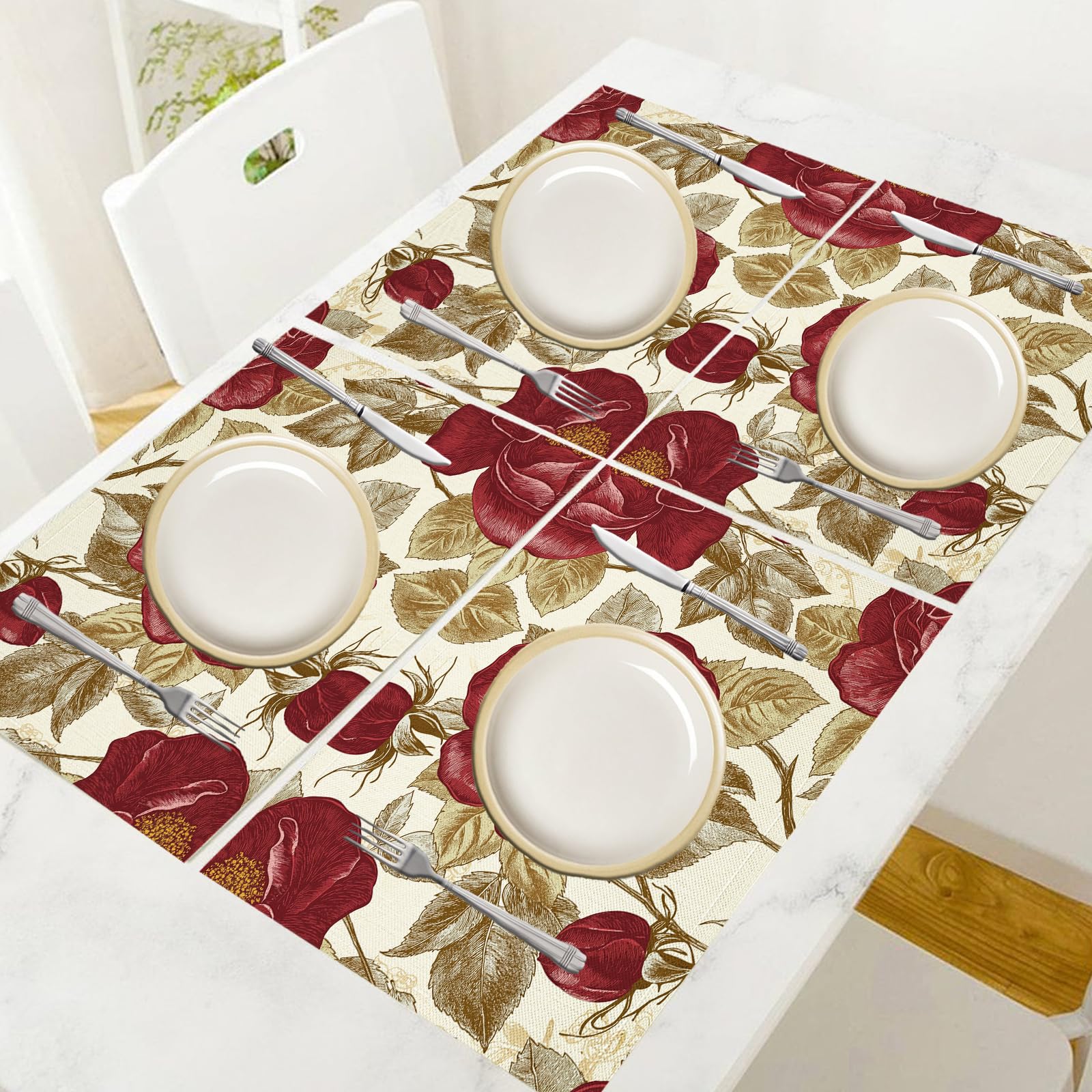 8 Pezzi Tovagliette Americana Floreale retrò - Tovaglietta Americane in Cotone e Lino Rose rosse Lavabili Sottopiatto per Sala da Pranzo Tavolo da Cucina 45 ×30 cm