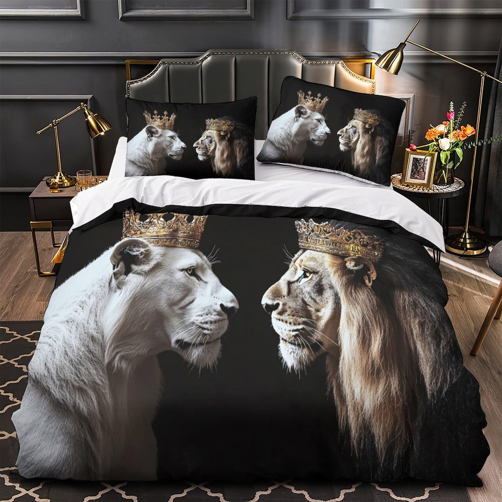 3D Bedruckte Königslöwen-Pärchen Bettbezug Mikrofaser Schlafzimmer Deko Löwen Bettwäsche Set Hautfreundlich Atmungsaktiv für Erwachsene Jugendliche Super King（260x220cm）