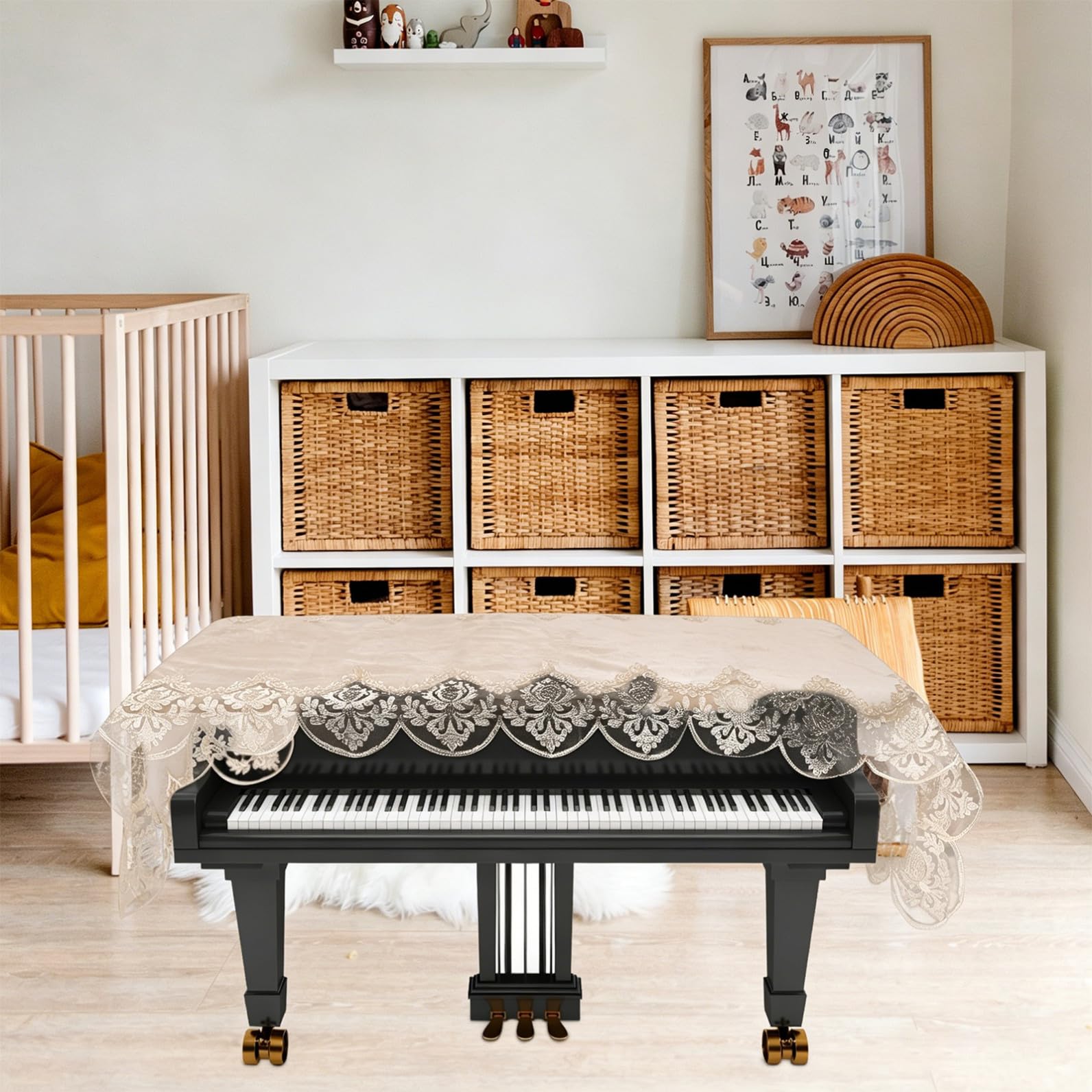 Klavierabdeckung mit Besticktem Spitzenmuster Dekorativ und Faltbar als Staubschutz aus Polyester Beige Passend für Elektronisches Klavier und Elektronische Orgel
