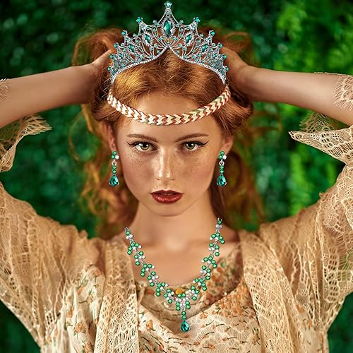 Miniatura 4 de Hicarer Juego de 3 piezas de corona barroca de reina, aretes de tiara, collar, diadema de cristal, tiaras y coronas para mujer, joyería de boda,