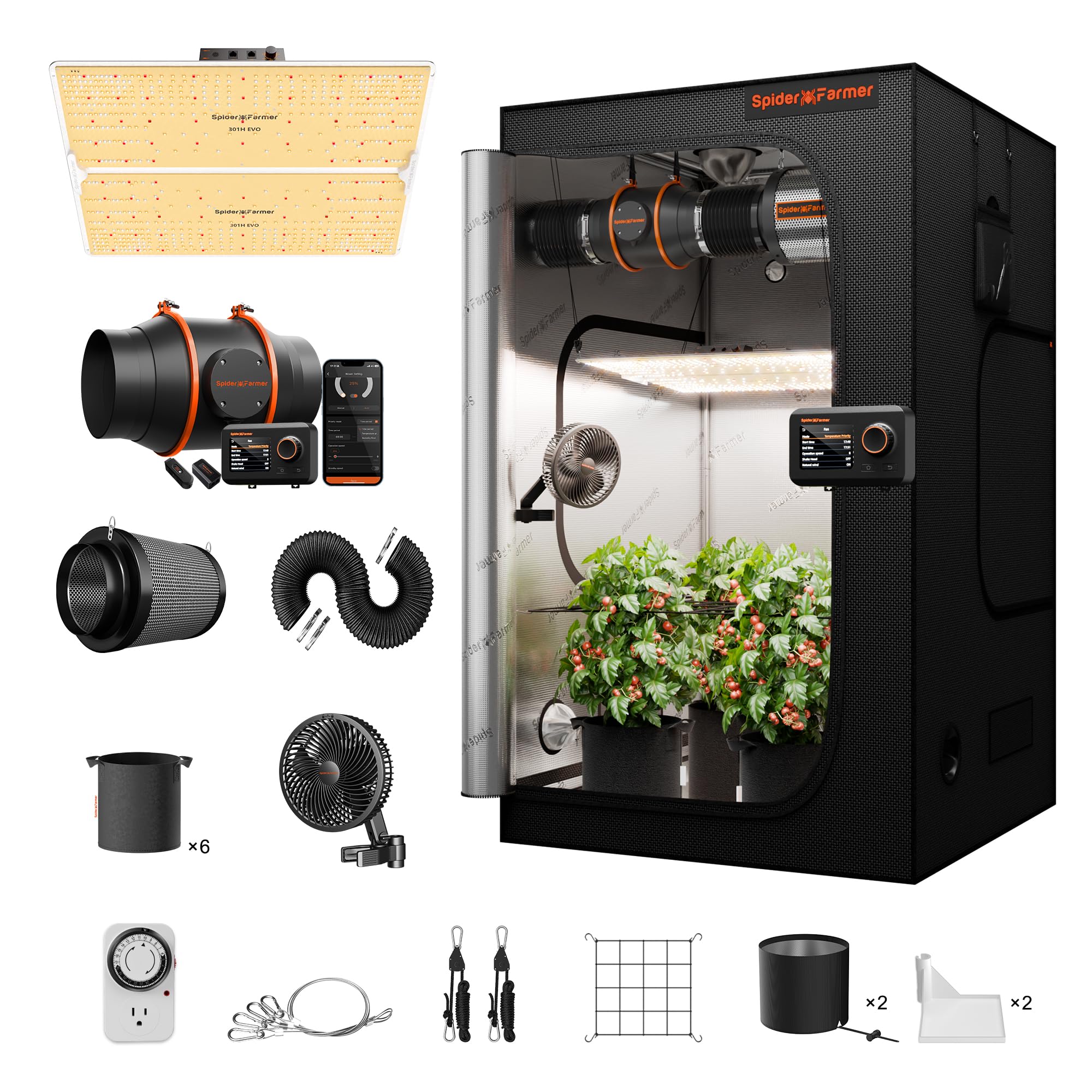 Spider Farmer SF4000 Grow Tent Kit Complete 4x4x6.6ft Samsung LM301H EVO LED Diodes, 450W Grow Light Complete System Grow Tent Set 48"x48"x80" with 6" Ventilation System GGS Smart Controller 2025